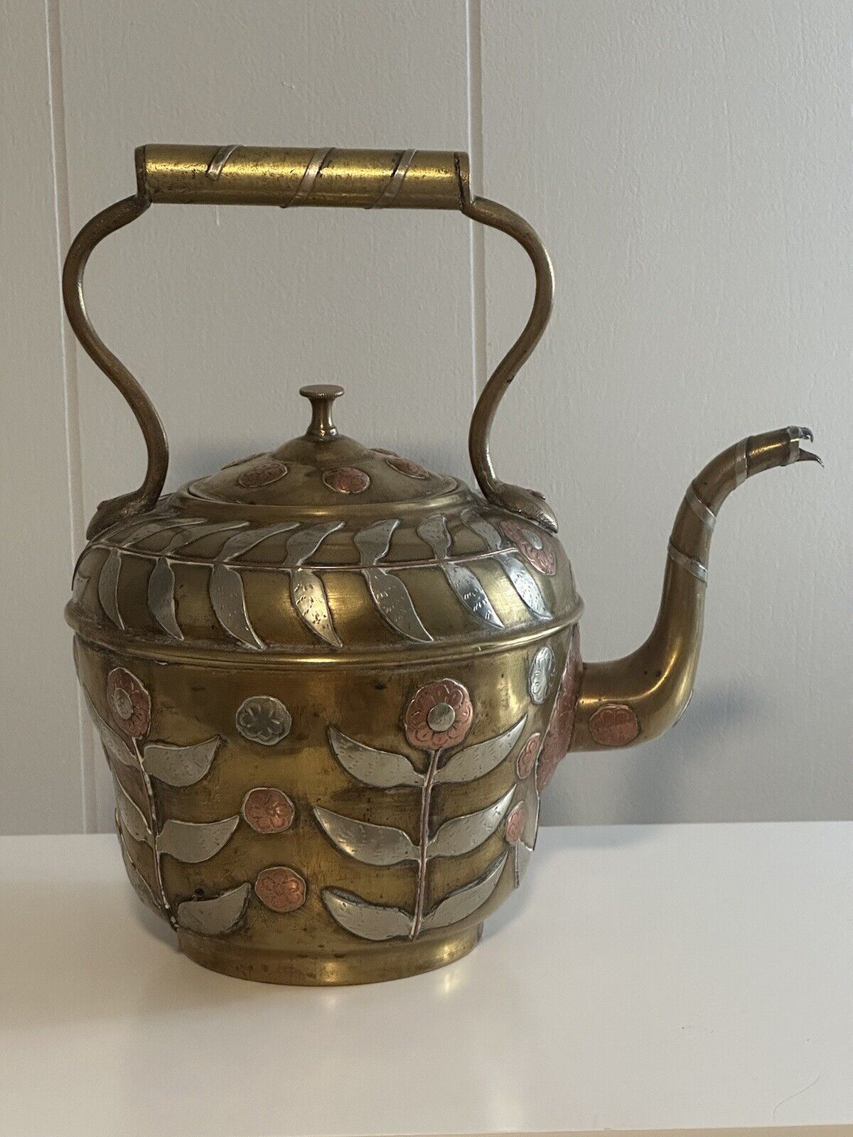 Mixed Metal Water Kettle, Sunflower Motif Early 20th Century
