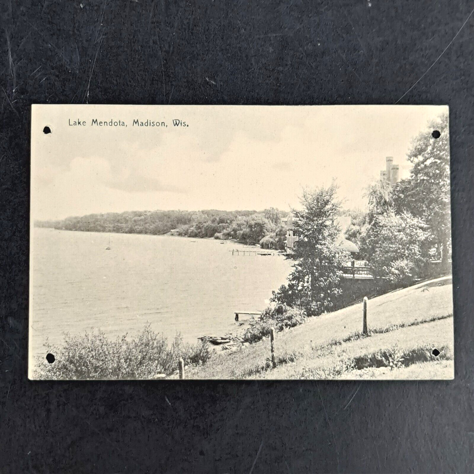 ANTIQUE PRE-WW1 DB ROTOGRAPH POST CARD OF SHORELINE SCENE IN LAKE MENDOTA, WI