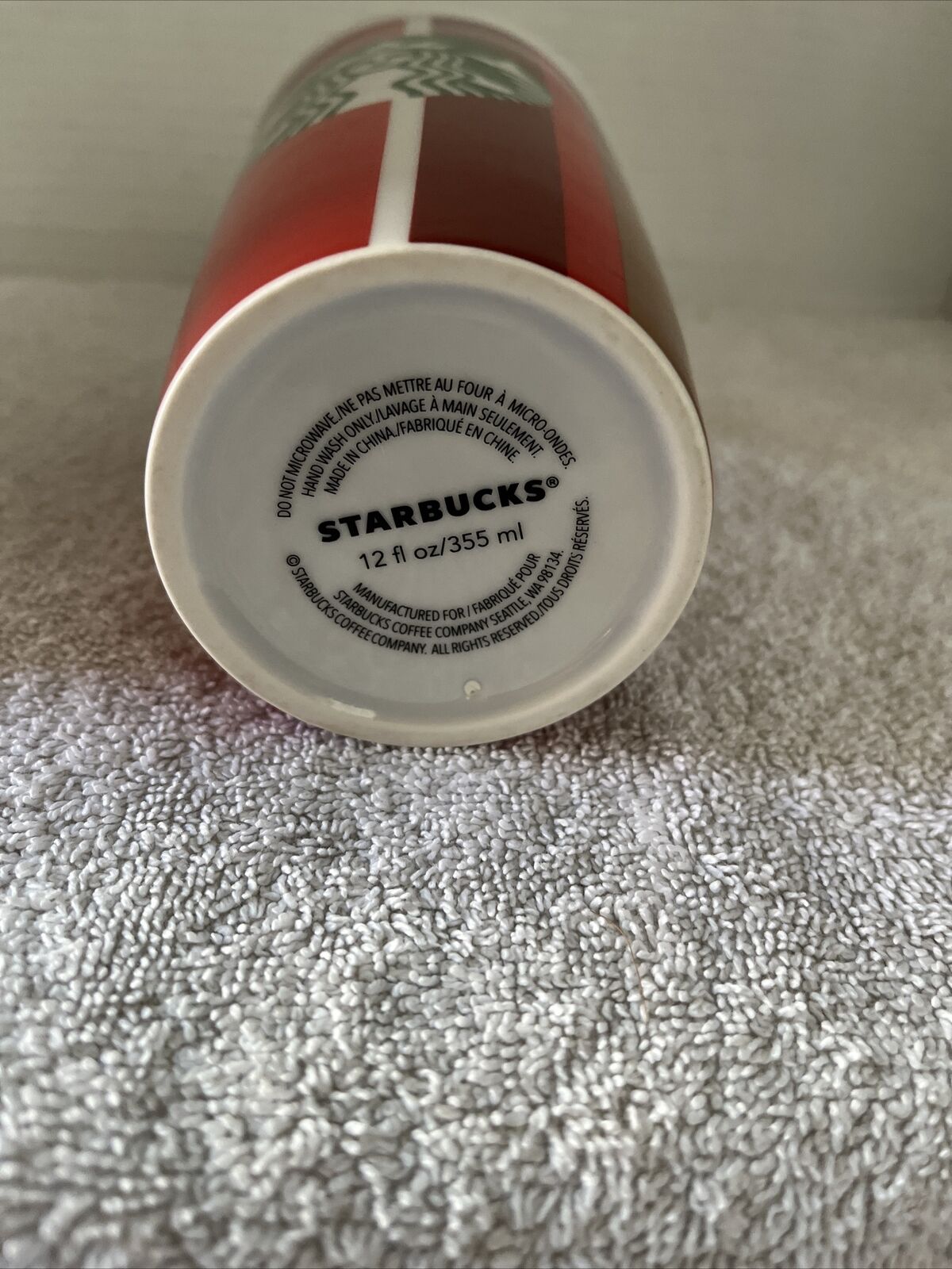 New Starbucks 2018 Striped Red/Gold/White Holiday Ceramic Travel 12oz Tumbler 
