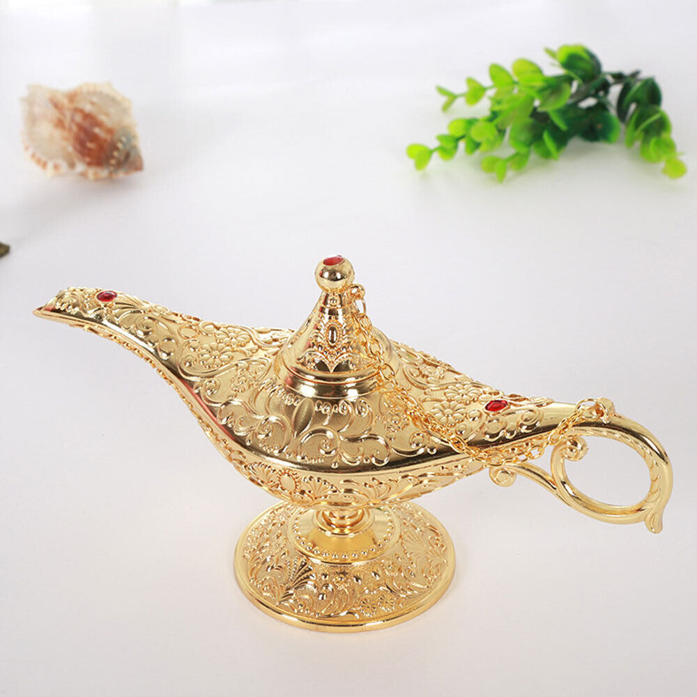 Large Golden Vintage Aladdin Magic Genie Lamp - Metal Carved Wishing Light #F
