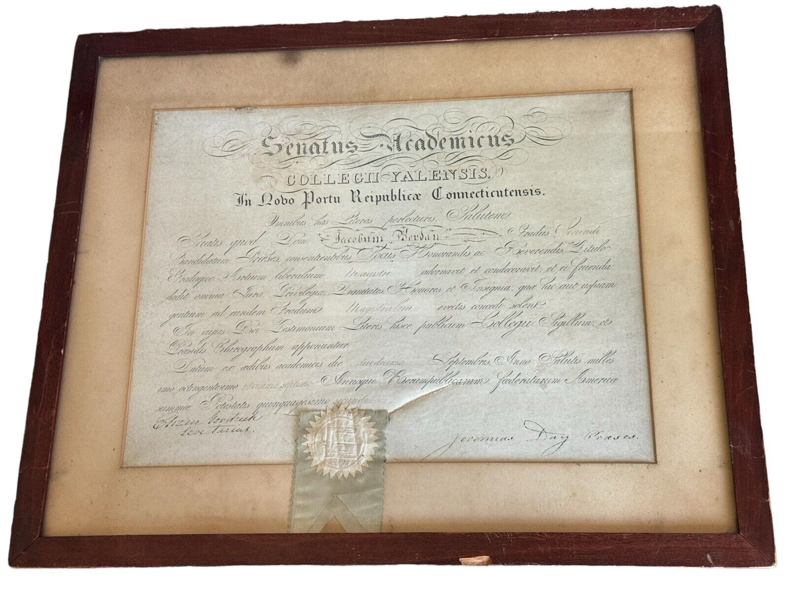 Antique 1800s YALE University Original Framed Diploma ULTRA RARE Latin & Ribbon