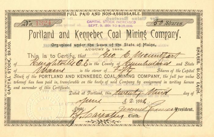 Portland and Kennebec Coal Mining Co. - Stock Certificate - Mining Stocks