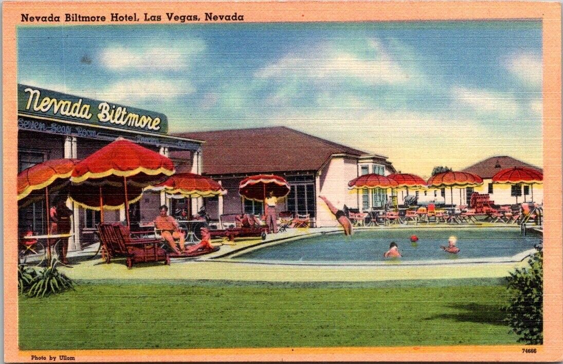 Las Vegas Nevada NV Biltmore Hotel Swimming Pool Tichnor Vintage Linen Postcard