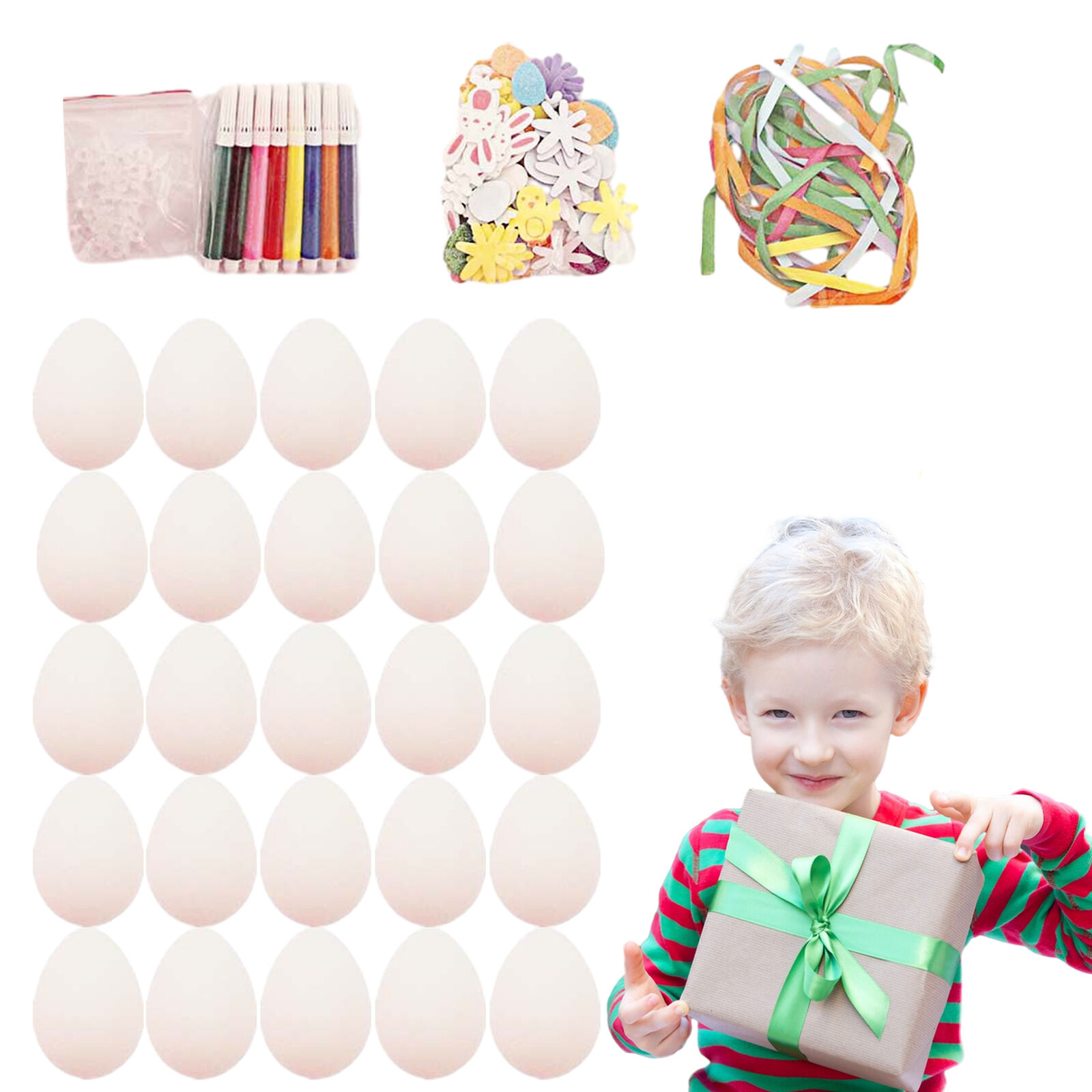 White Easter Eggs 25PCS Blank White DIY Easter Eggs with 80 Stickers and 8 Pens