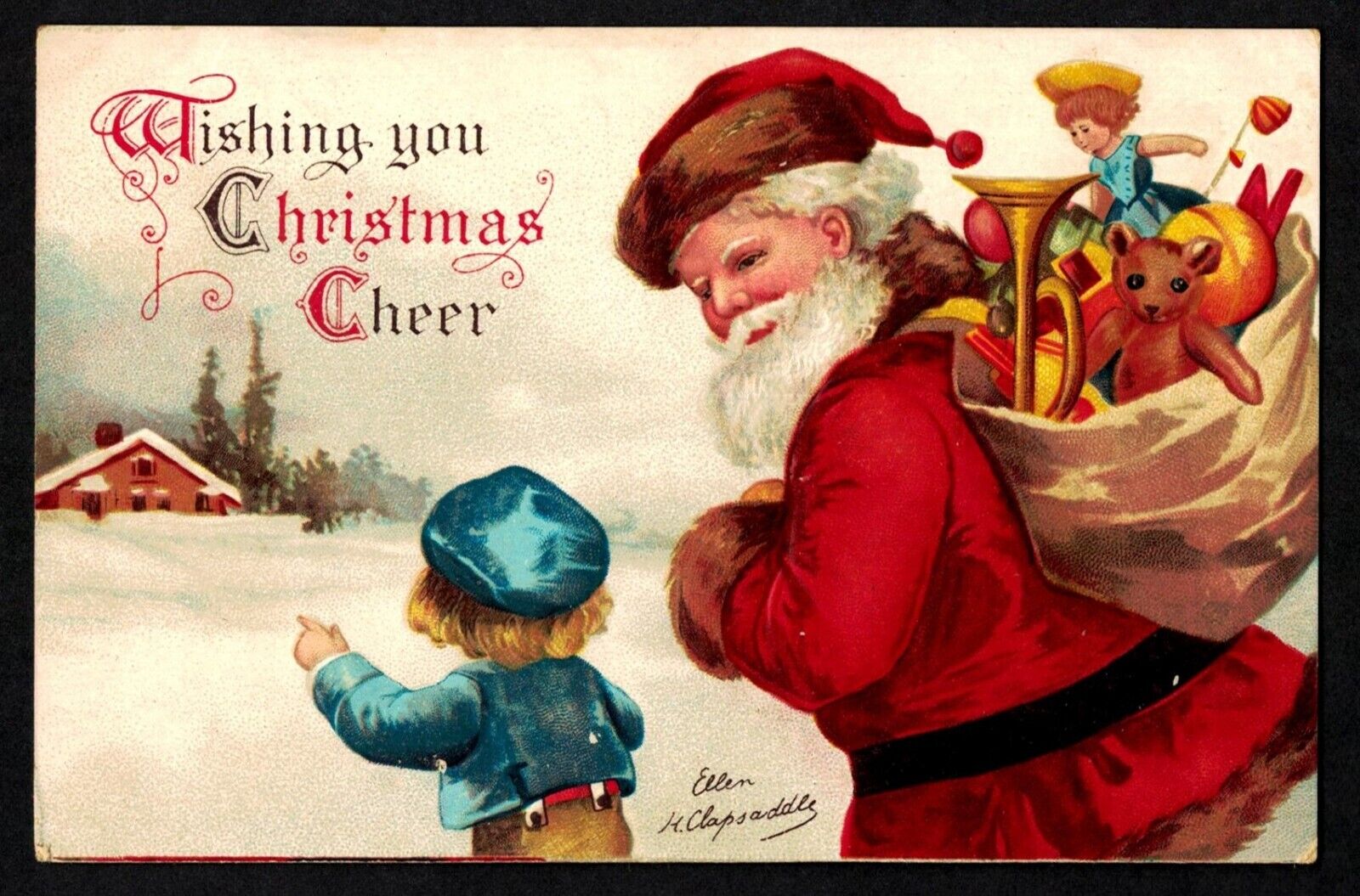 3501 Antique Vintage Christmas Postcard Santa Toys Boy in Blue Ellen Clapsaddle
