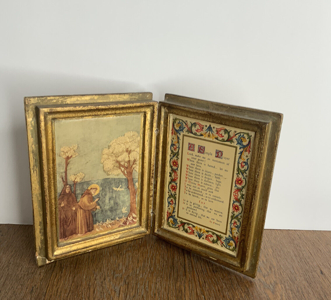 Vintage Italian Diptych Gold Box With A Simple Prayer St. Francis Foldable Book