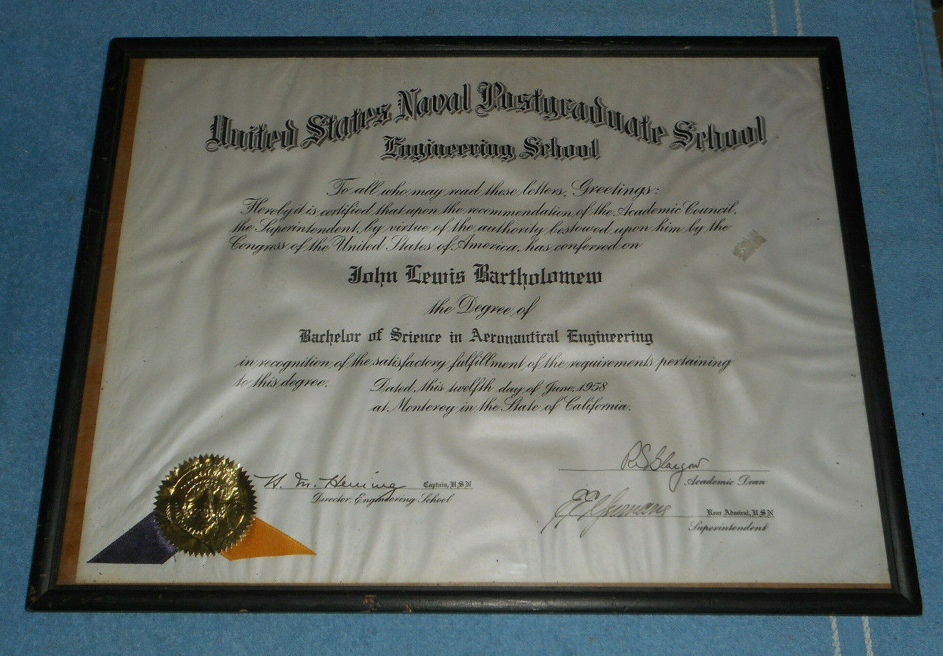 1958 US Naval Postgraduate School Degree Certificate John Lewis Bartholomew