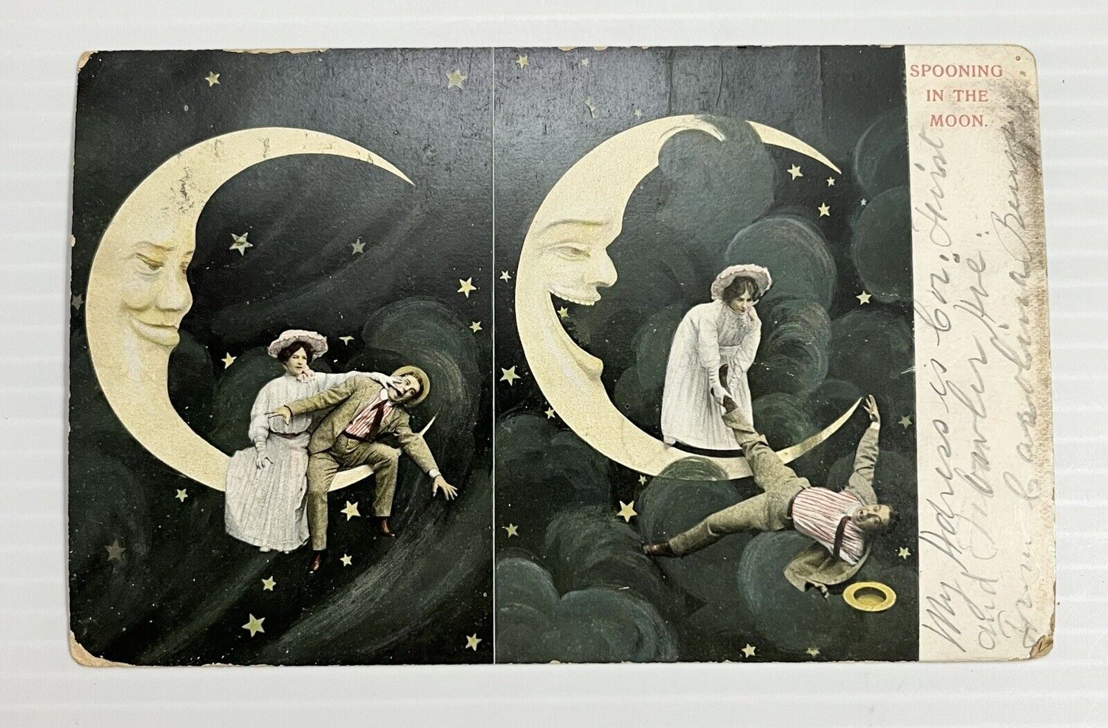 Pre 1910 Postcard Undivided Back “Spooning In The Moon”, Double Pane, Couple
