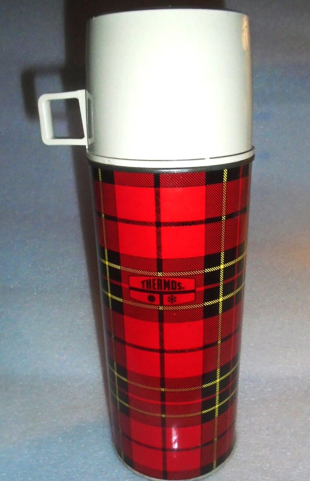 Vintage Thermos King Seeley Red Plaid Metal With Lid & Stopper #2395 Pristine