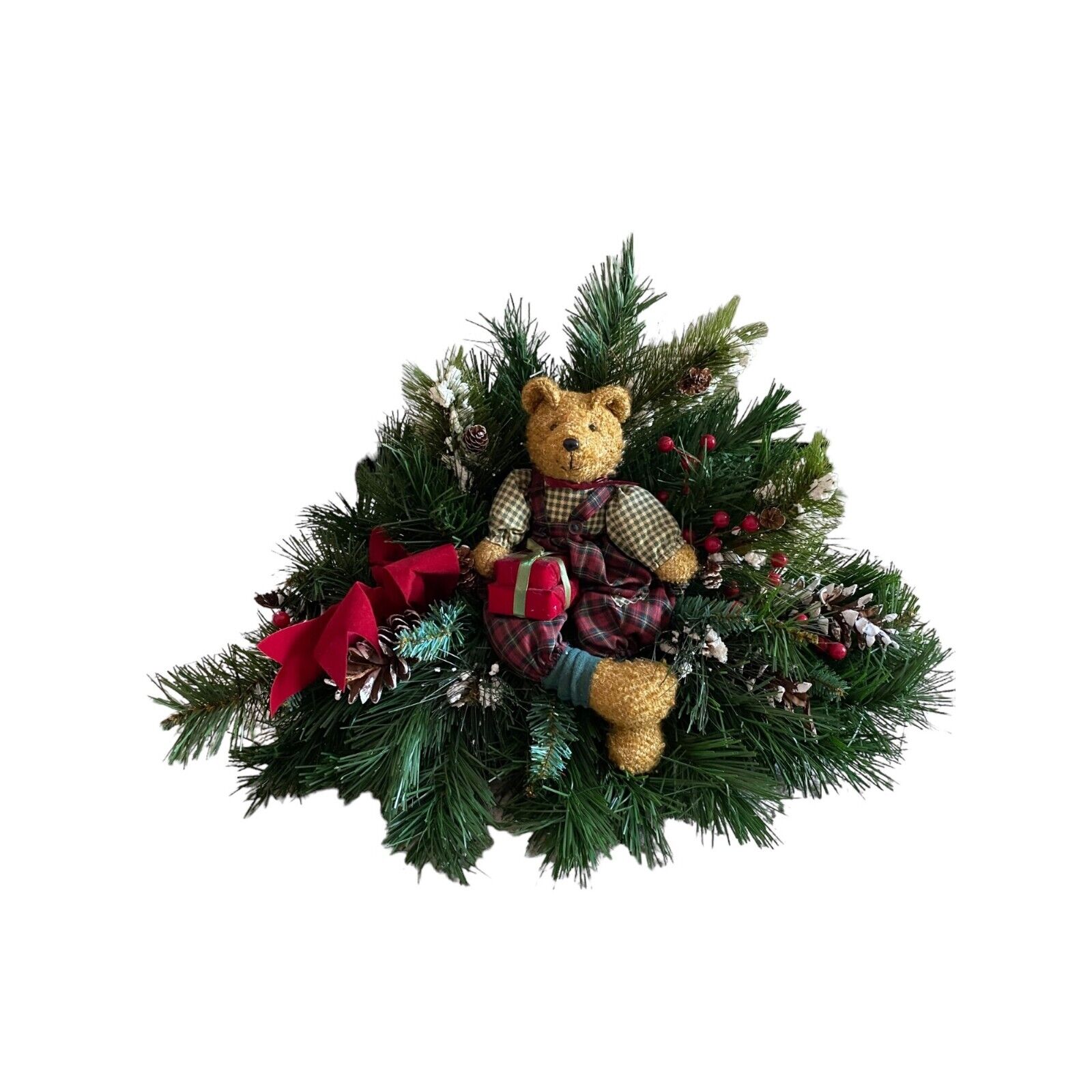 Vintage Christmas Teddy Bear Floral arrangement Winter Decor
