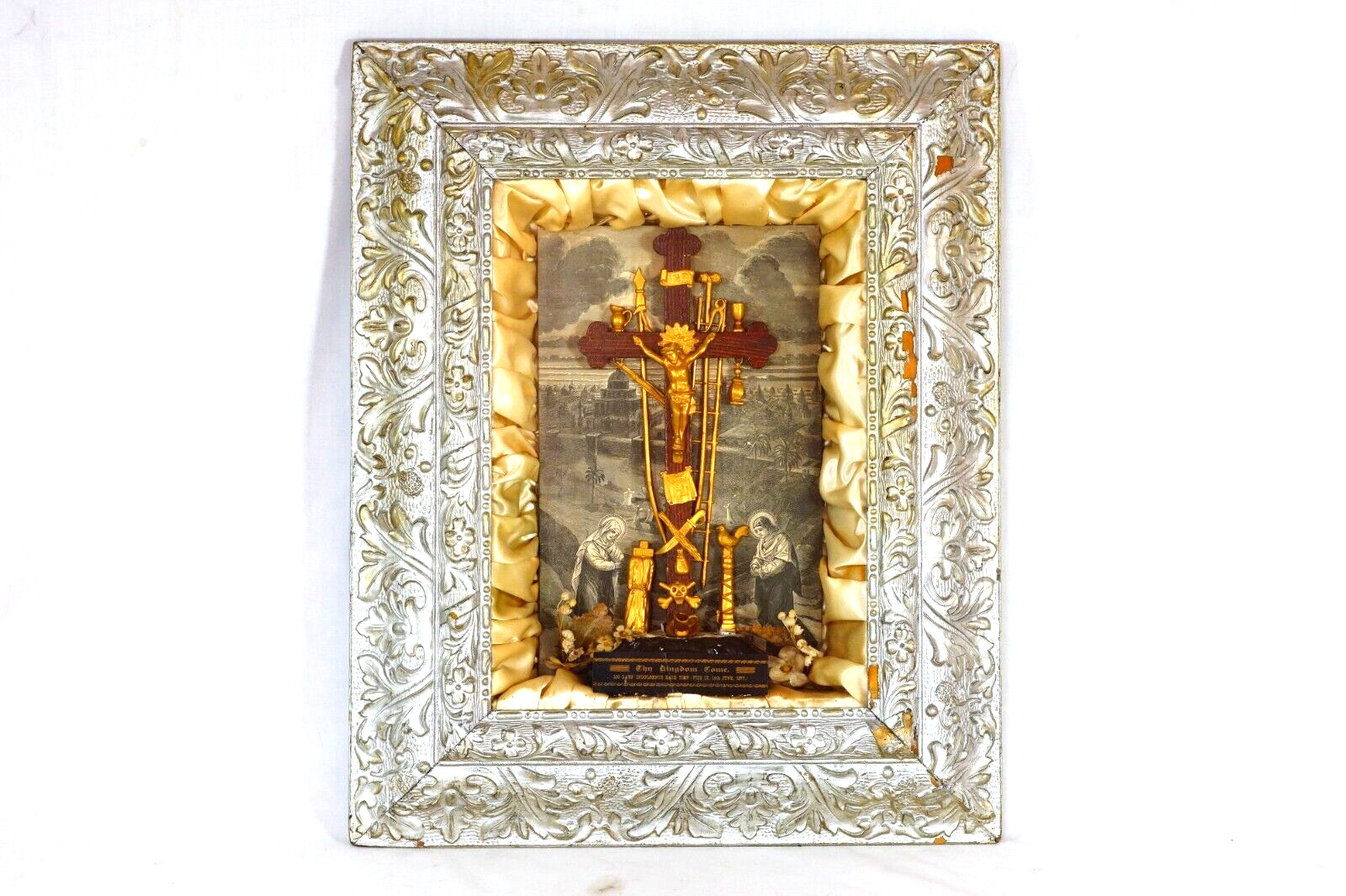 Antique Religious Shadow Box Diorama Passion Crucifix Skull Crossbones Pius IX