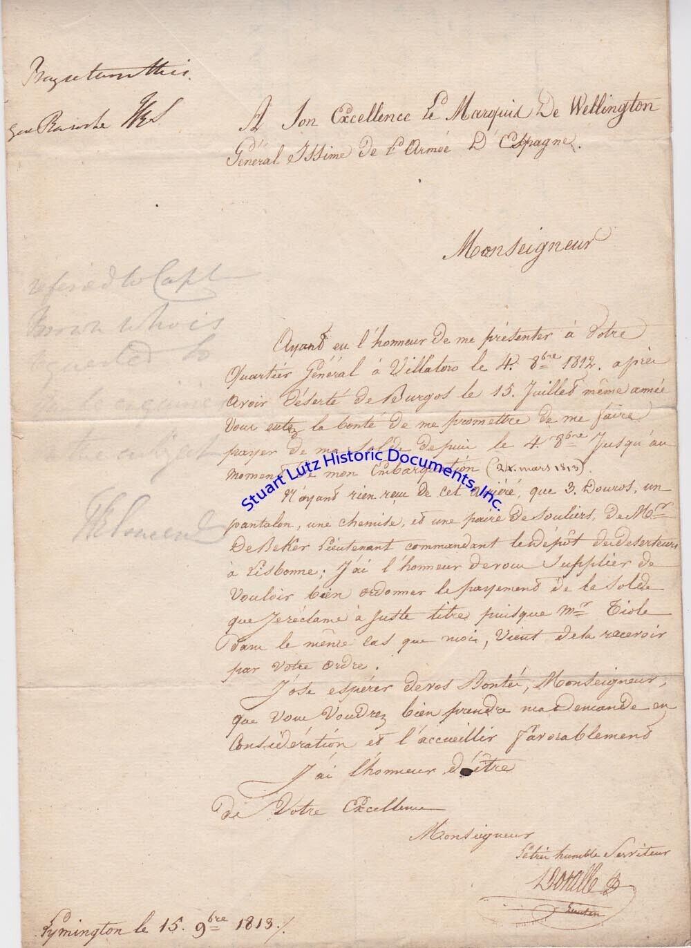 Duke of Wellington - letter written to Duke by French deserter 1813 re back pay