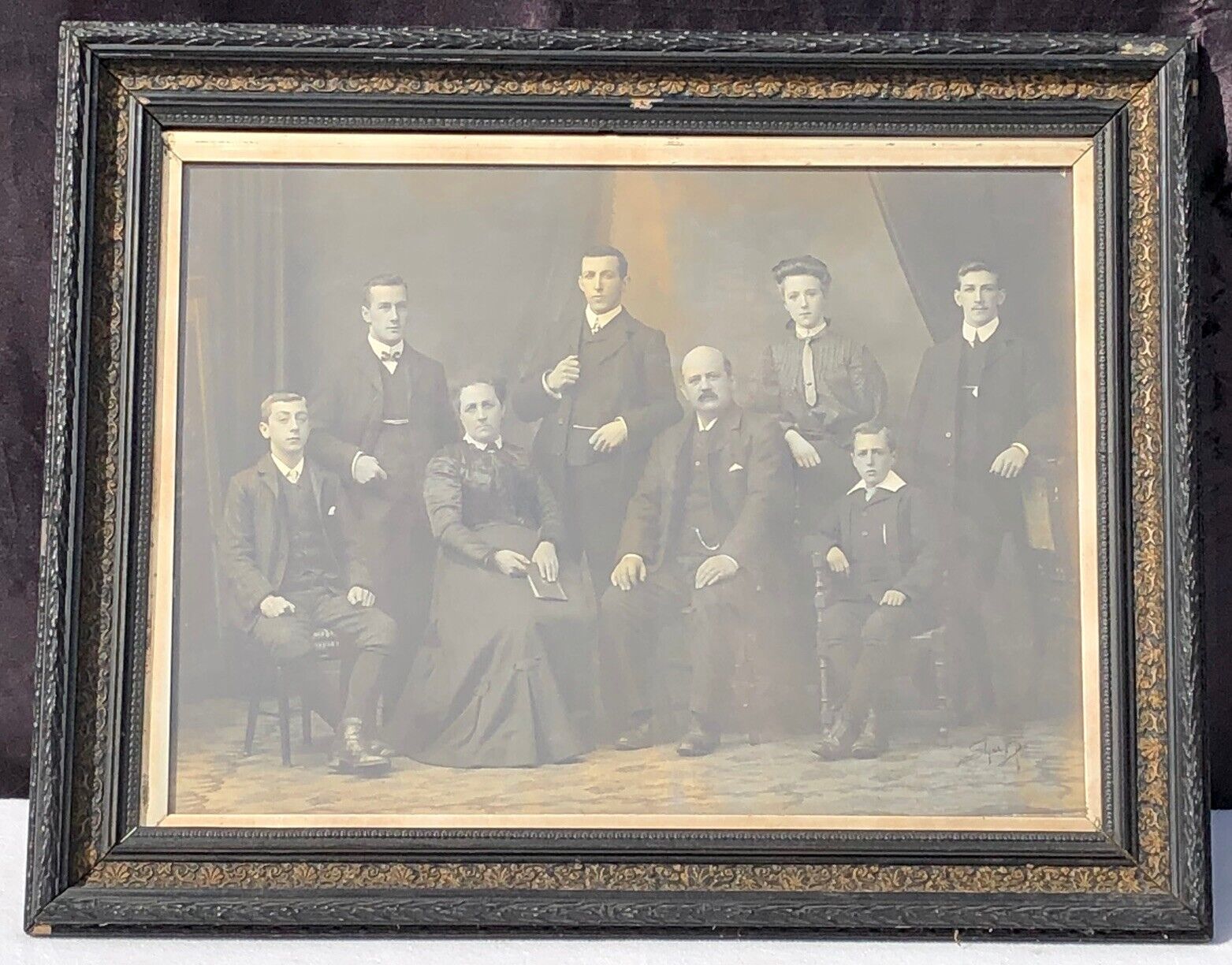 Circa 1880's Large Family Cabinet Card Photo Framed in an Antique Gesso Frame