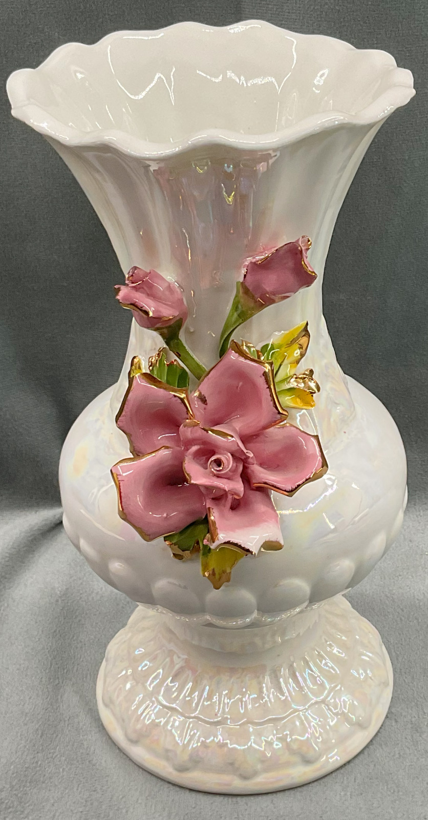 Capodimonte Porcelain Vase Pink Applied Roses White Iridescent 10\