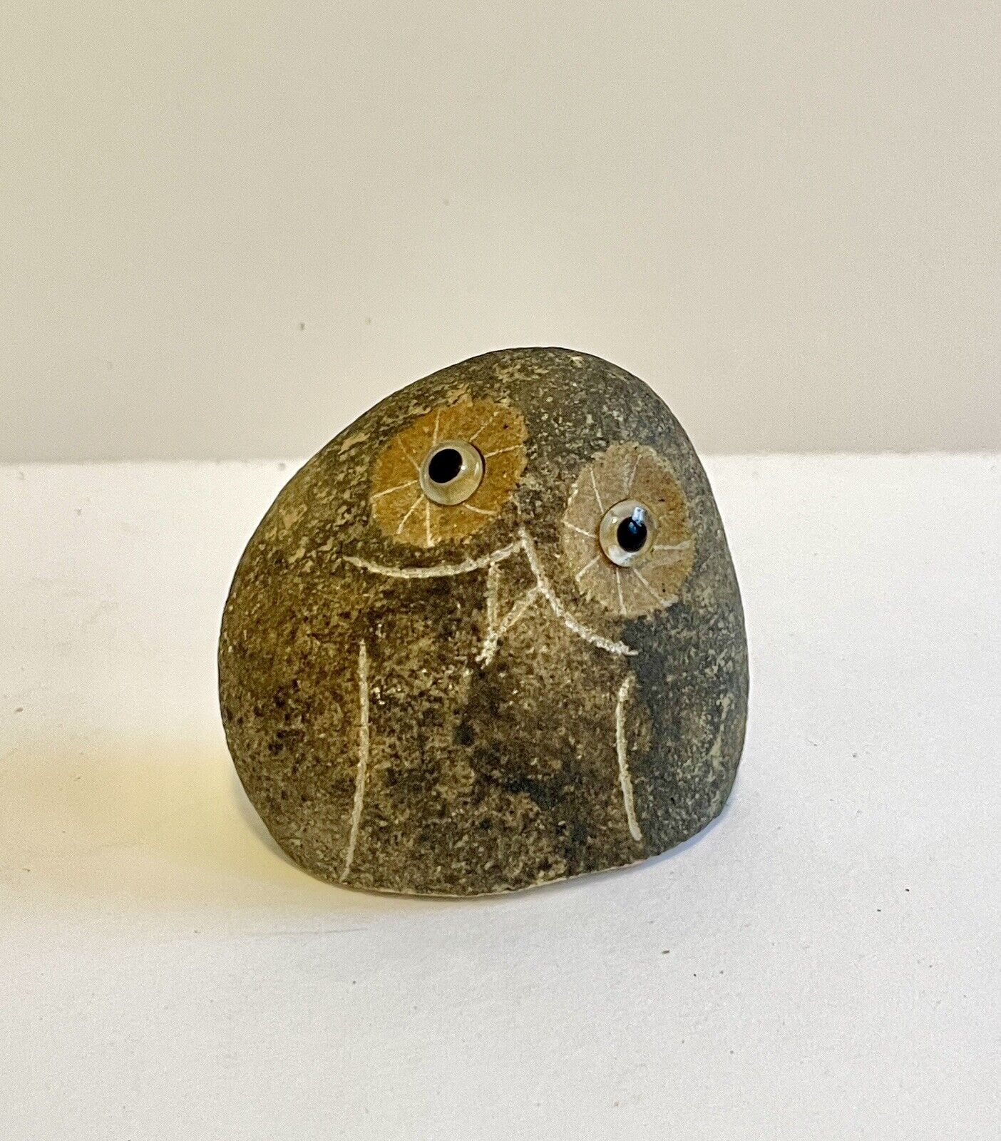 Vintage Carved Stone Owl Figurine Applied Eyes MCM Mod Bird