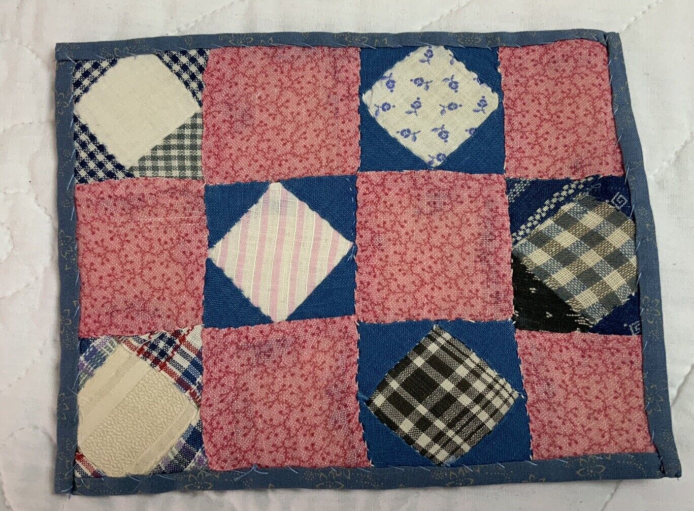 Antique Vintage Table Topper, Sm. Squares & Triangles, Early Calicos, Pink, Blue