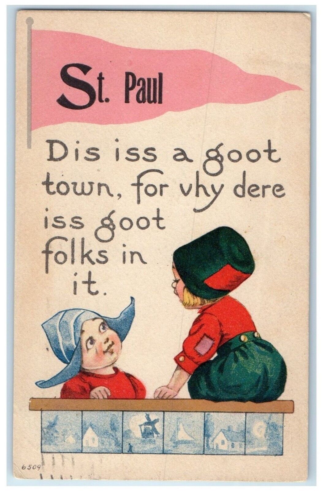 1914 This Good St. Paul Minnesota MN Pennant Dutch Kids Vintage Antique Postcard