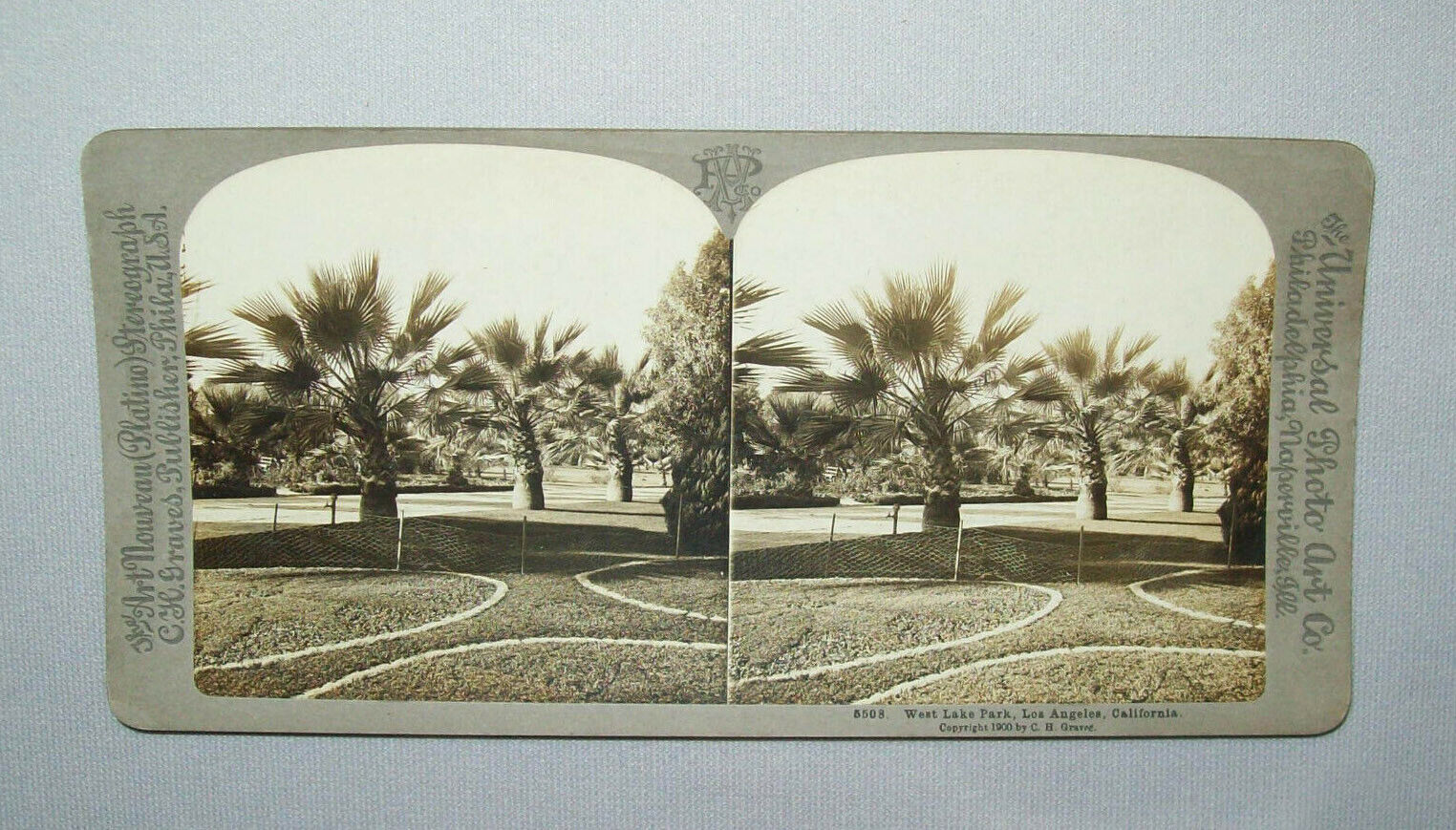 Antique Vtg 1900s W Lake Park Los Angels California Stereoview Photo Card Nice