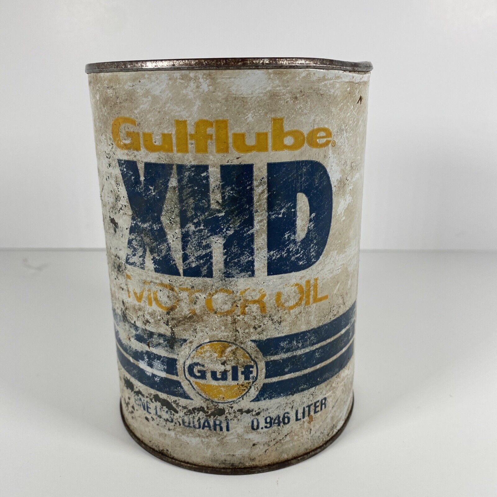 Gulf Oil Co. Gulflube  XHD Metal Motor Oil Can Unopened Vintage Garage Advertise