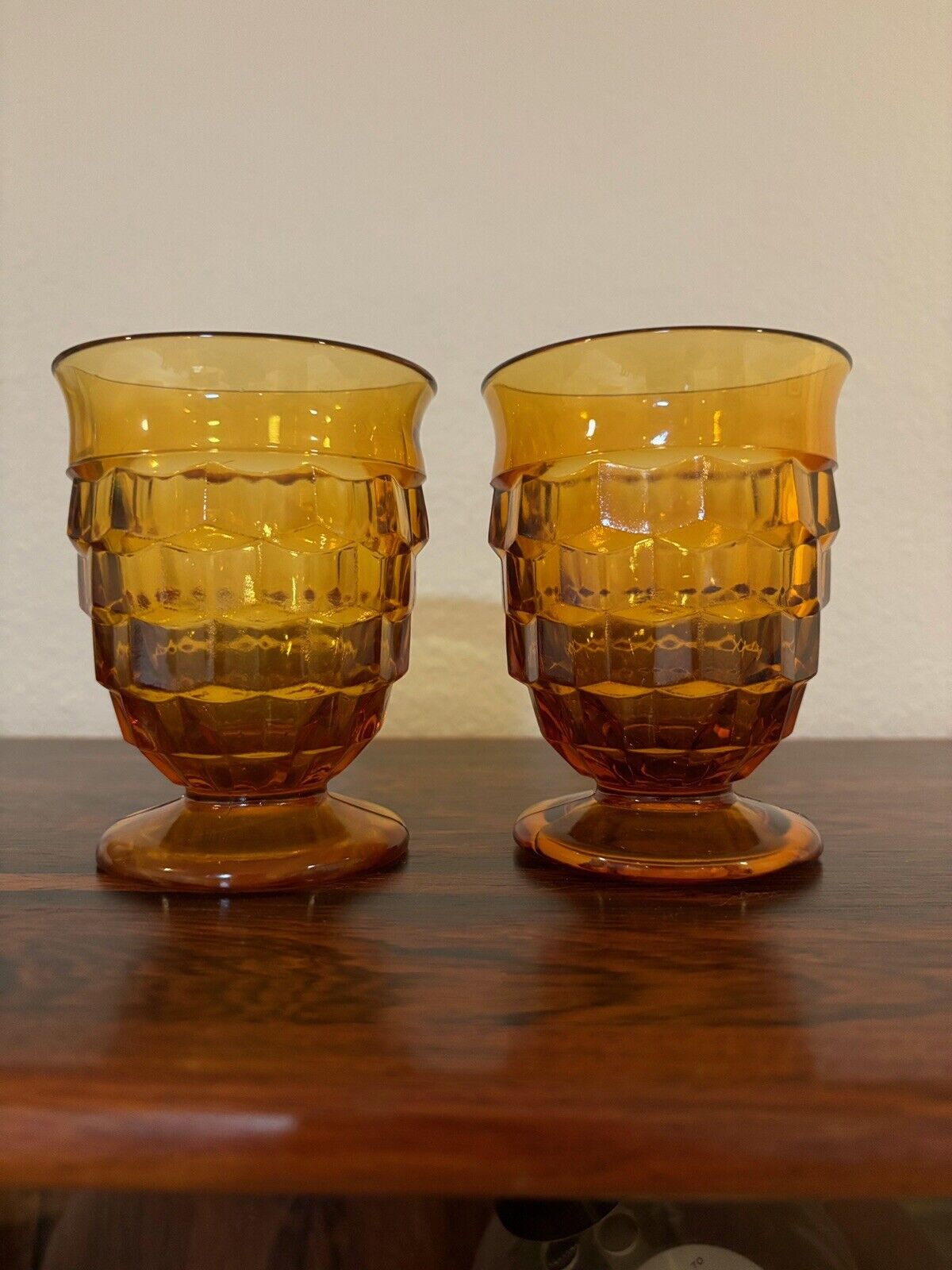 2 Vintage Indiana Glass Whitehall Footed Cubist Tumbler Glasses Amber 4.5”
