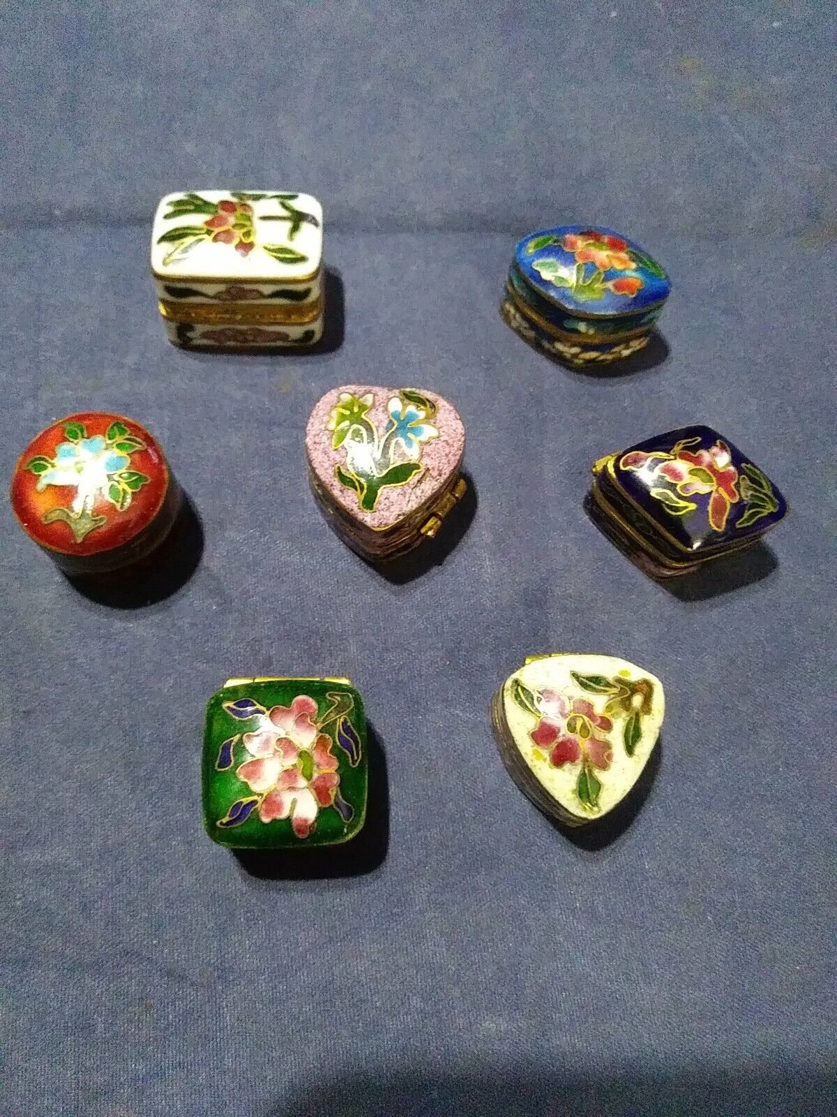 Lot OF 7 Vintage Miniture Cloisonne Collectible Pill Boxes. Trinket ,Brass