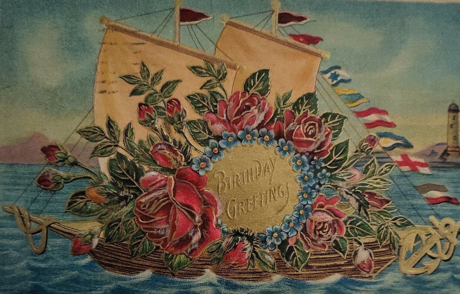 Postcard Vintage Birthday Greetings Flowers Sailboat Lighthouse Anchor 1910