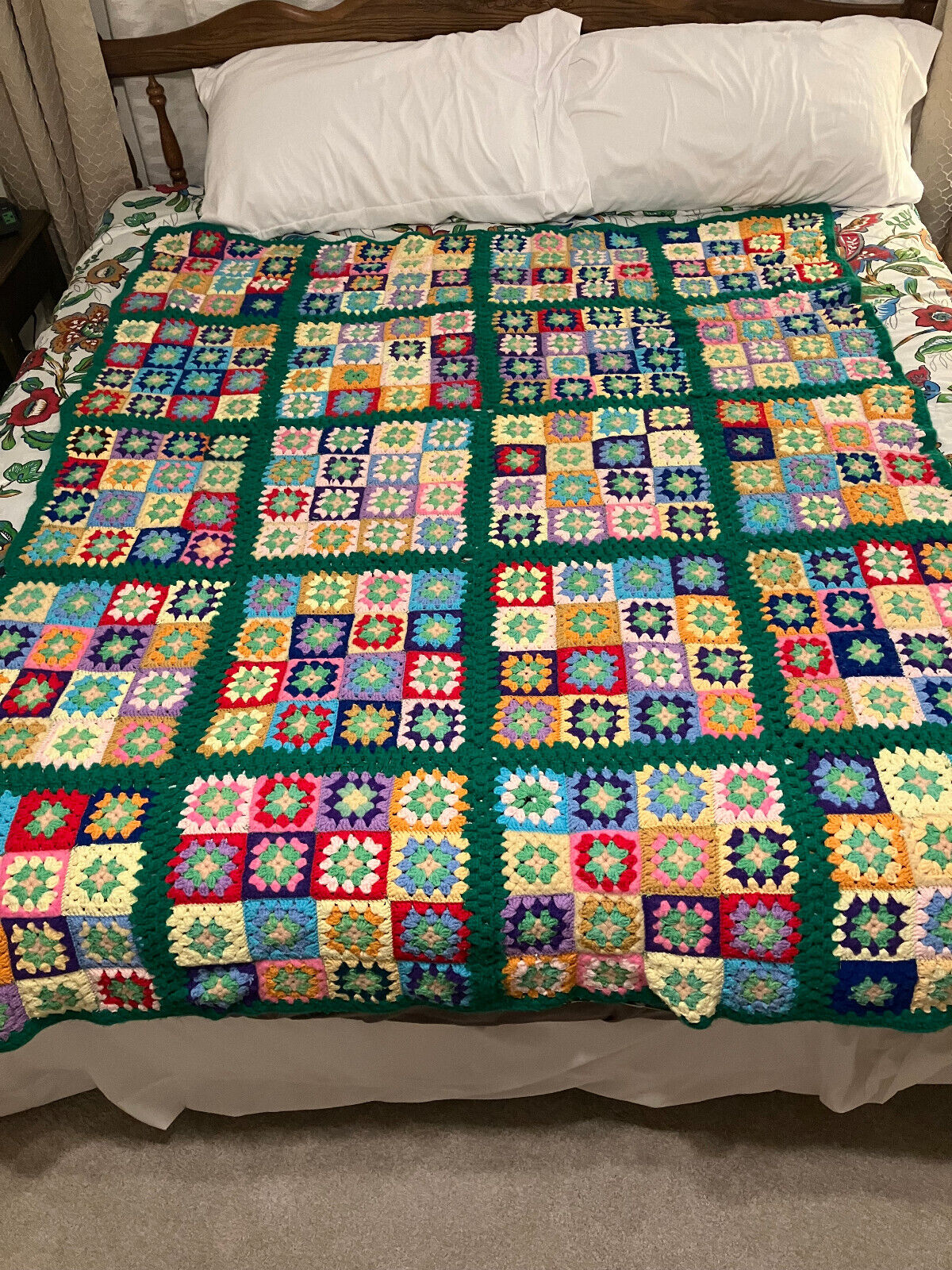 Vintage 70s Handmade Crocheted Afghan Blanket Bedspread 76\
