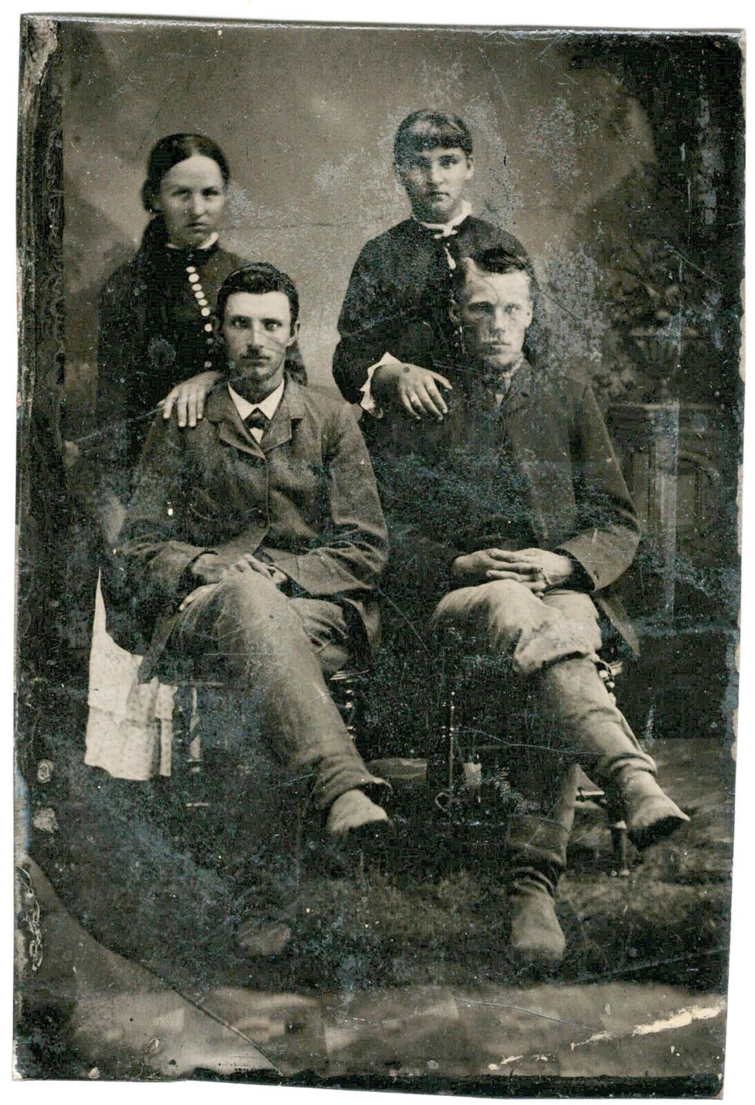 Tintype Two Young Couples 1800s - On the darker side, see enhanced scan. 3.5\