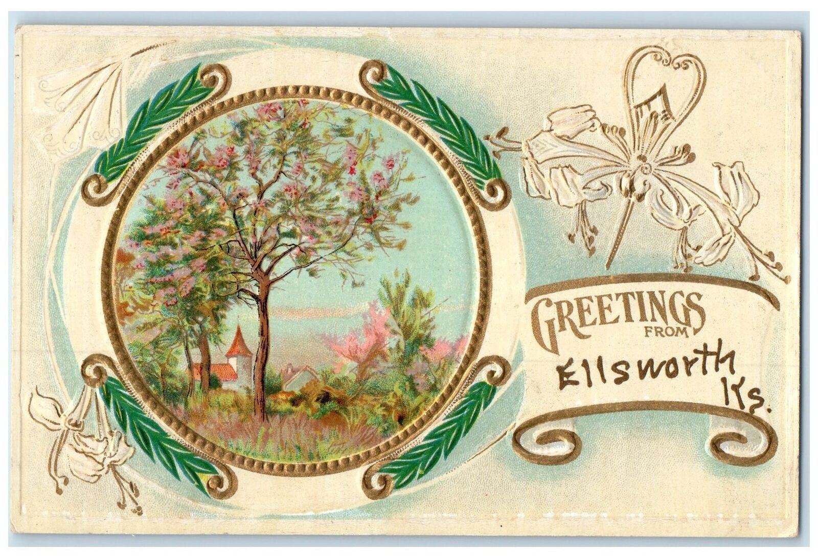1911 Greetings From Ellsworth Kansas KS Posted Embossed Trees Flowers Postcard