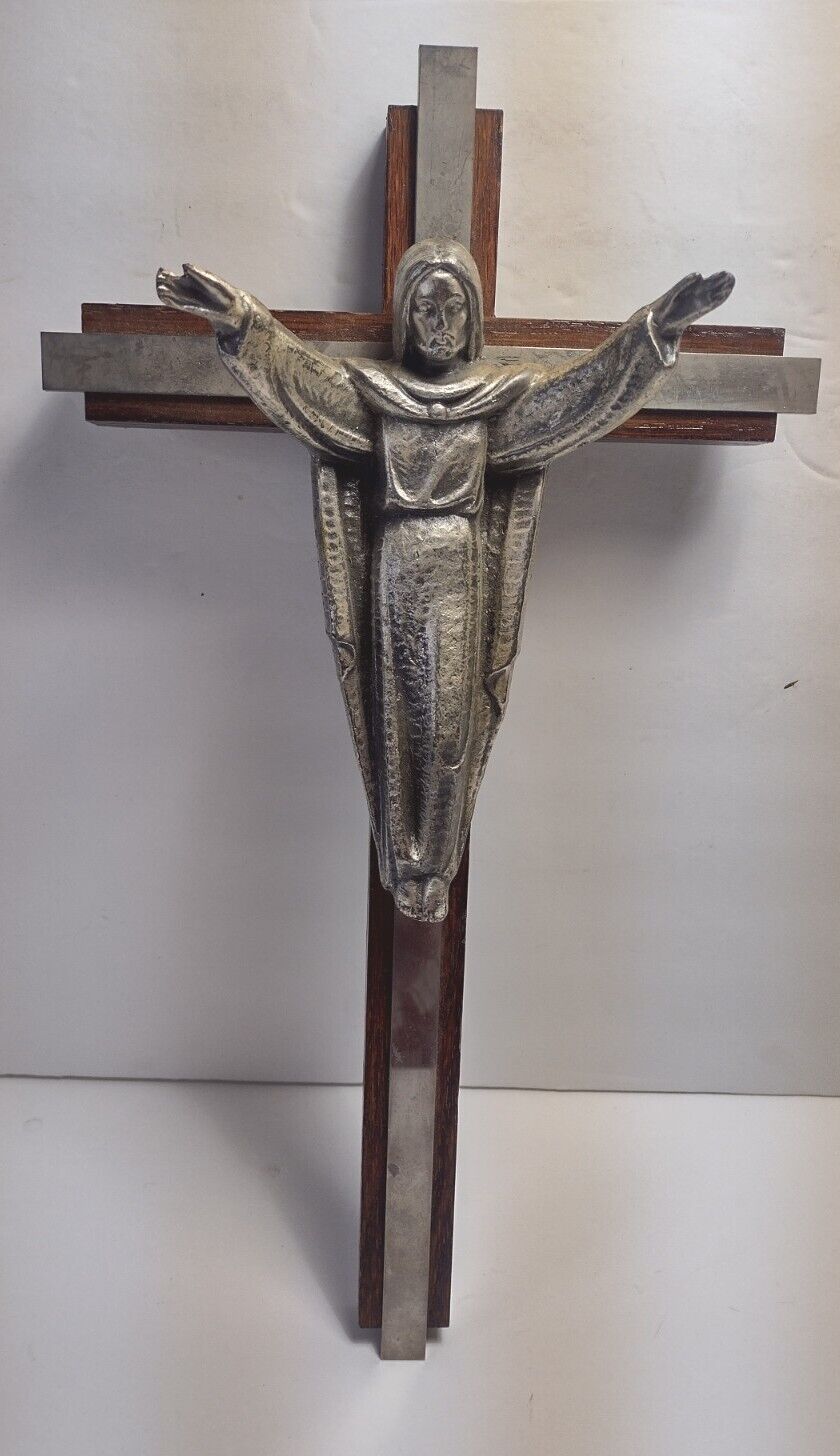 Vintage 13” Wall Cross RISEN CHRIST Walnut  Wood Metal Lord Figure Good Cond.
