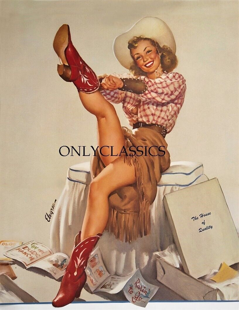 1950\'s Gil Elvgren Fine B&B Rare Pin-Up Poster Print Rarin\' to Go Cowgirl Cowboy
