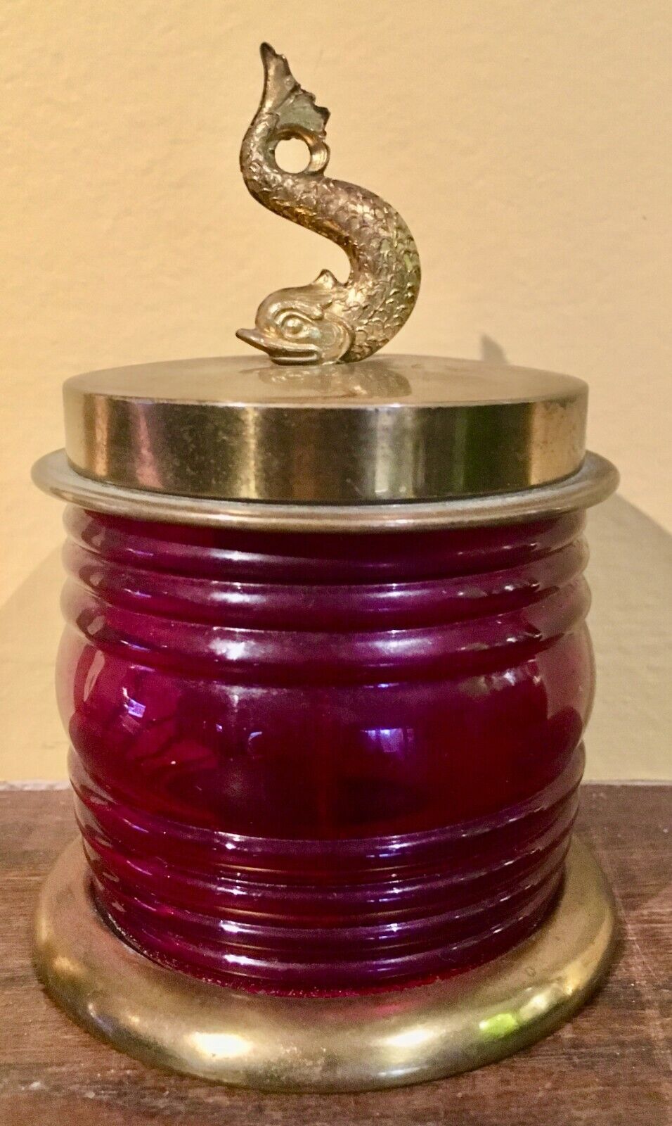 Chase Vintage Mid Century Brass Ruby Glass Cigarette Holder Lidded Jar