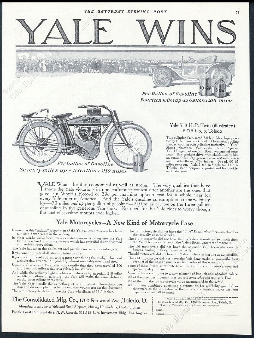 1913 Yale motorcycle illustrated vintage print ad