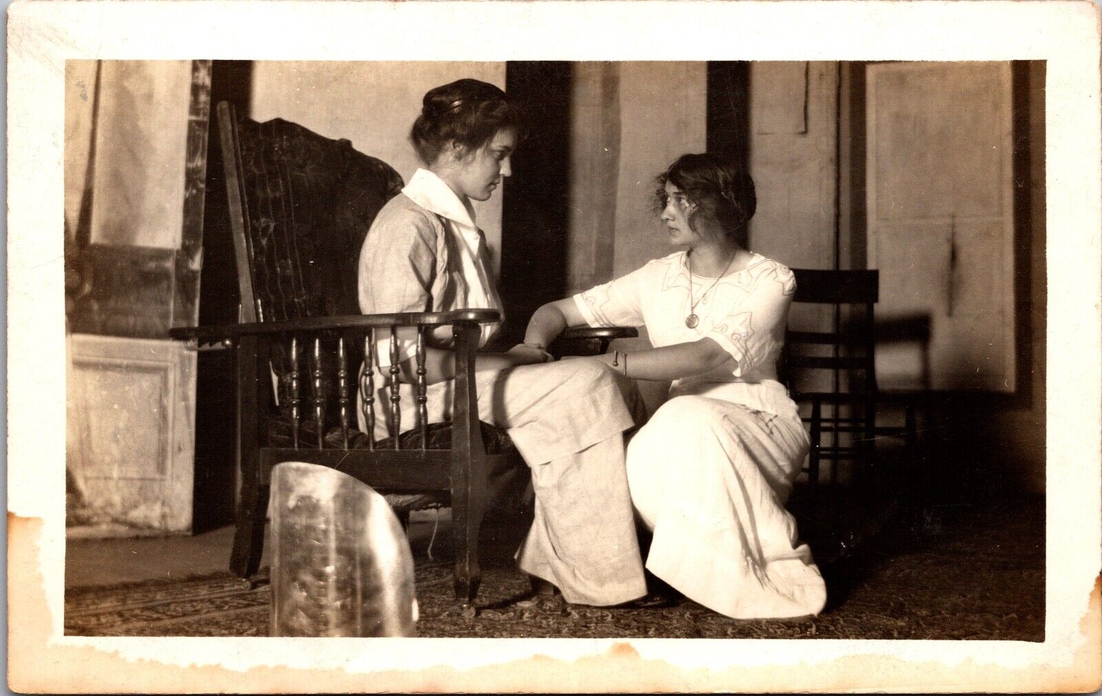 Real Photo Postcard Two Women Holding Hands in Living Room Setting Class Play