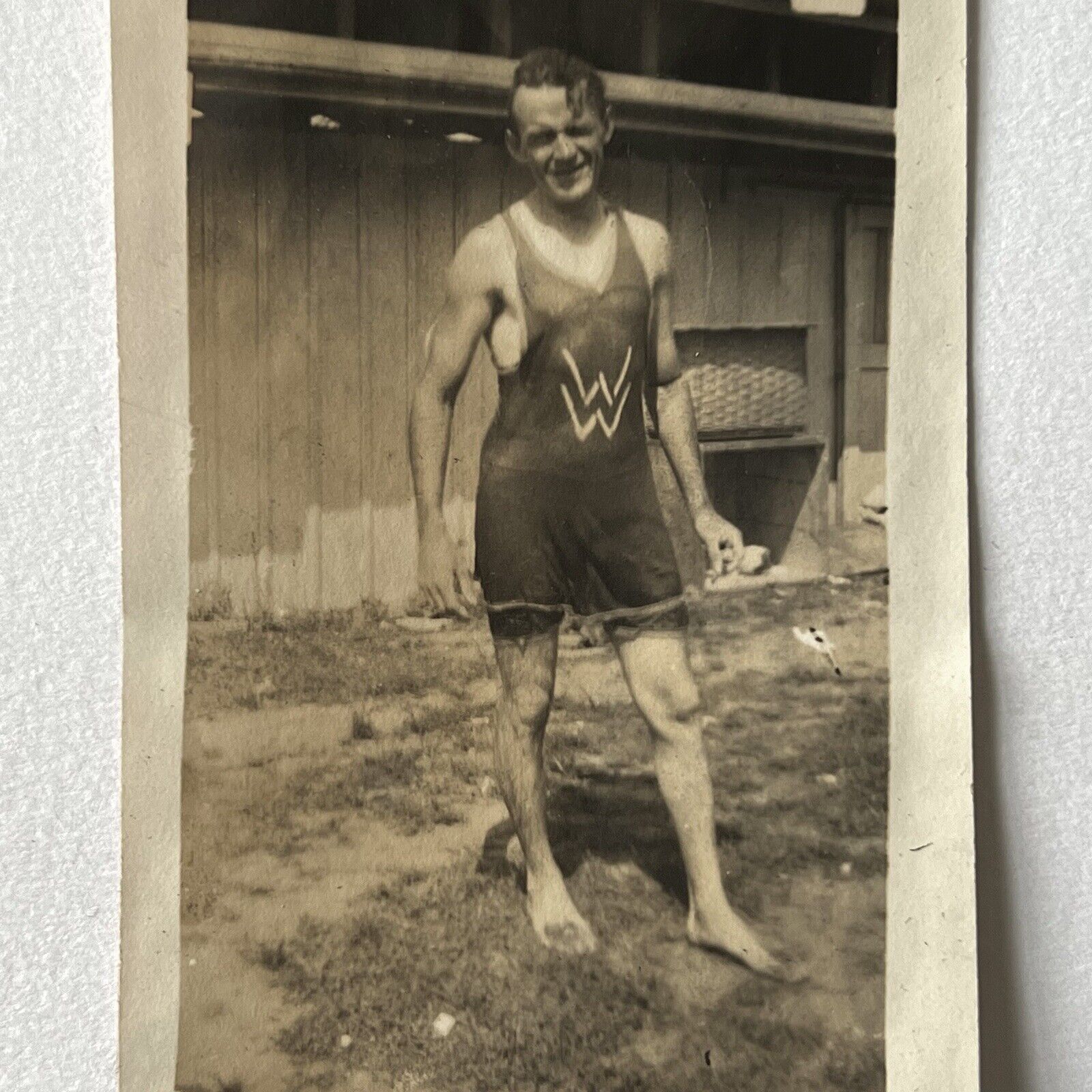 Antique Sepia Snapshot Photograph Handsome Young Man WW Bathing Suit Gay Int
