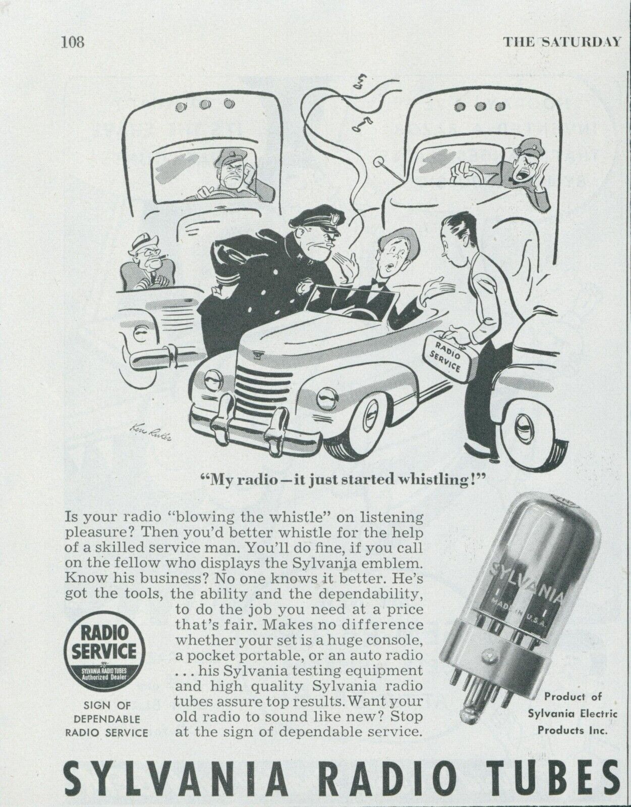 1948 Sylvania Radio Tubes Cartoon Car Accident Whistling A/S Print Ad SP20