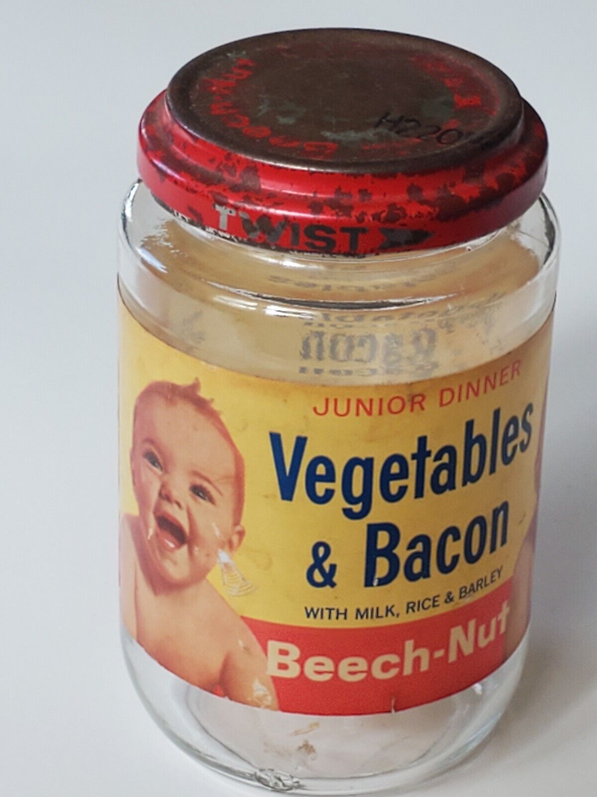 Vintage Beech Nut Glass Baby Food Jar - Junior Dinner Vegetables & Bacon 1950s