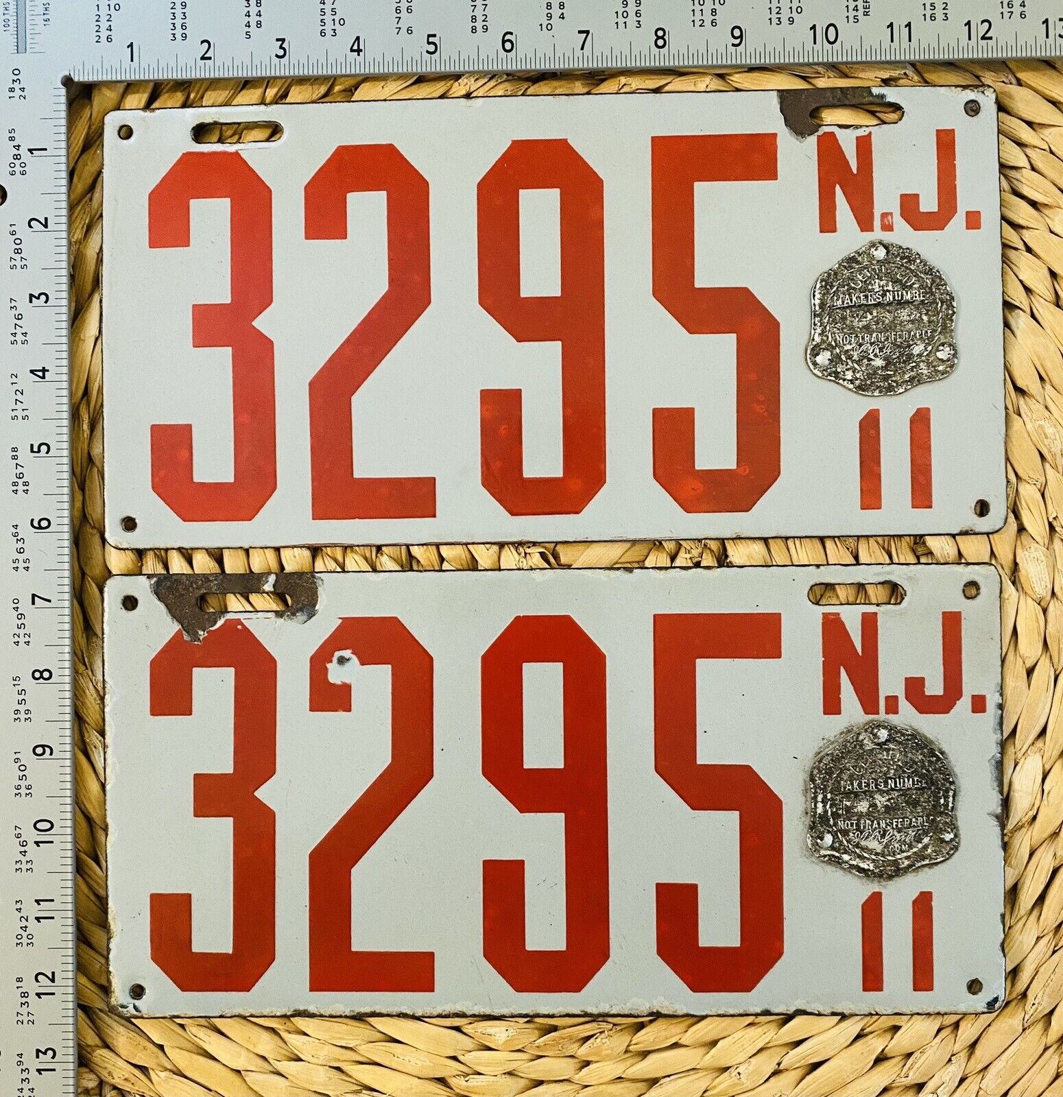 1911 New Jersey Porcelain License Plate PAIR Garage Decor 3295 Horace Fine ALPCA