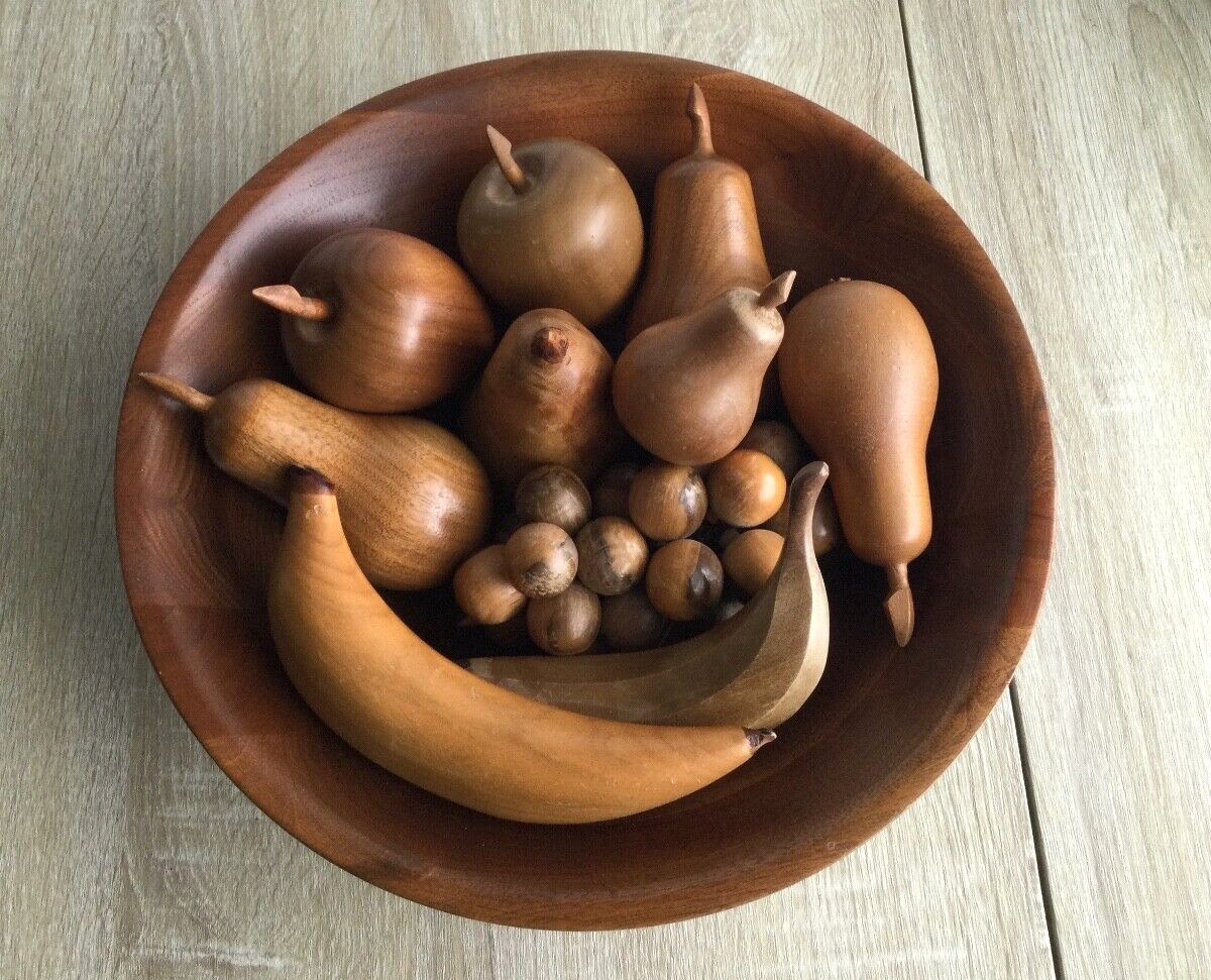 Vintage 1970\'s Vermillion Wooden Walnut Wooden Bowl with wooden fruit Lot of 11