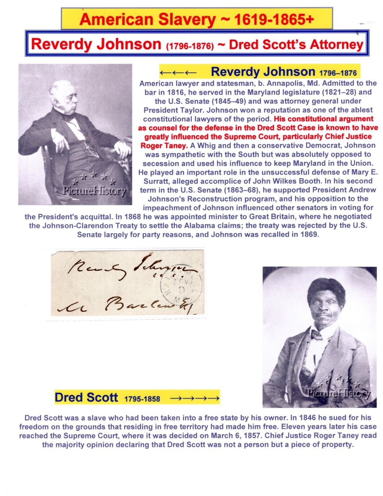 American Slavery  re: Slave Dred Scott Trial - Reverdy Johnson clipped Signature