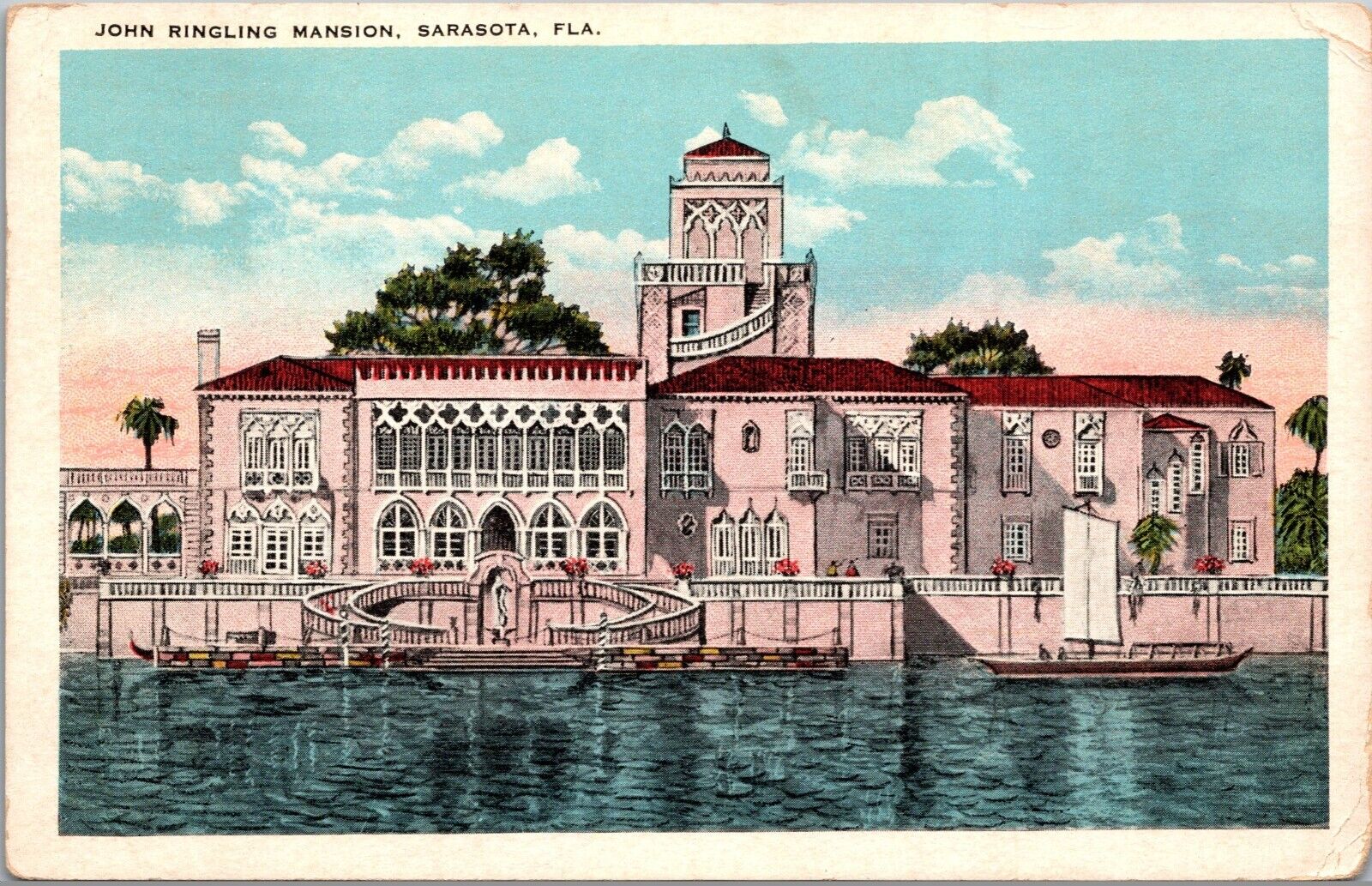 Postcard~Florida~Sarasota Fl.~John Ringling Mansion~Boat~c1920s~Posted 1970