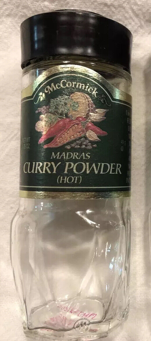 Vintage McCormick Glass EMPTY Spice Madras Curry Powder Hot Black Lid