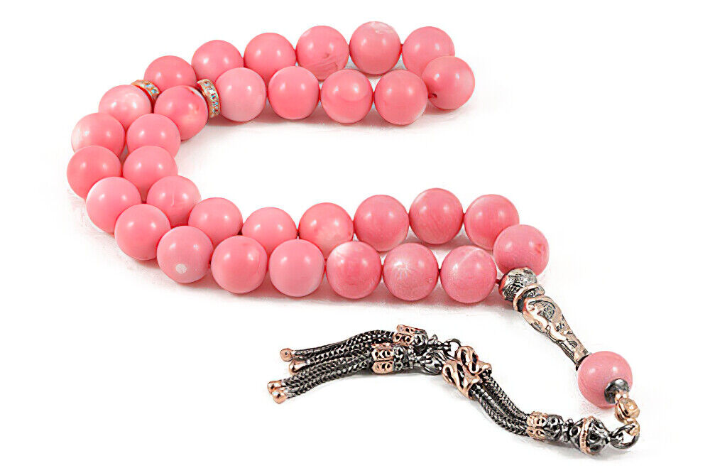 Genuine Pink Coral 33 Islamic Prayer Beads Silver Tassel Misbaha Handcraft Tsbih