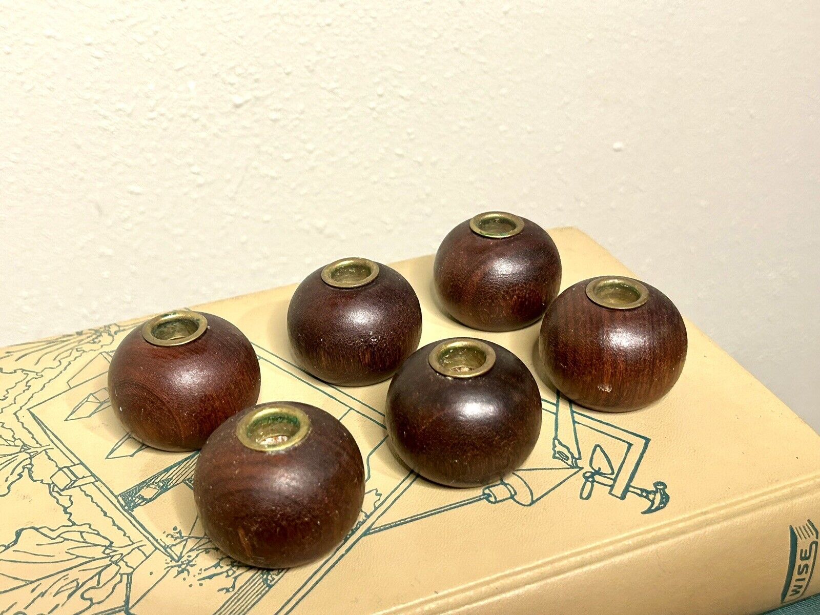 Vintage MCM Small Teak Wood And Brass Round Ball Candle Holders 6 Pieces