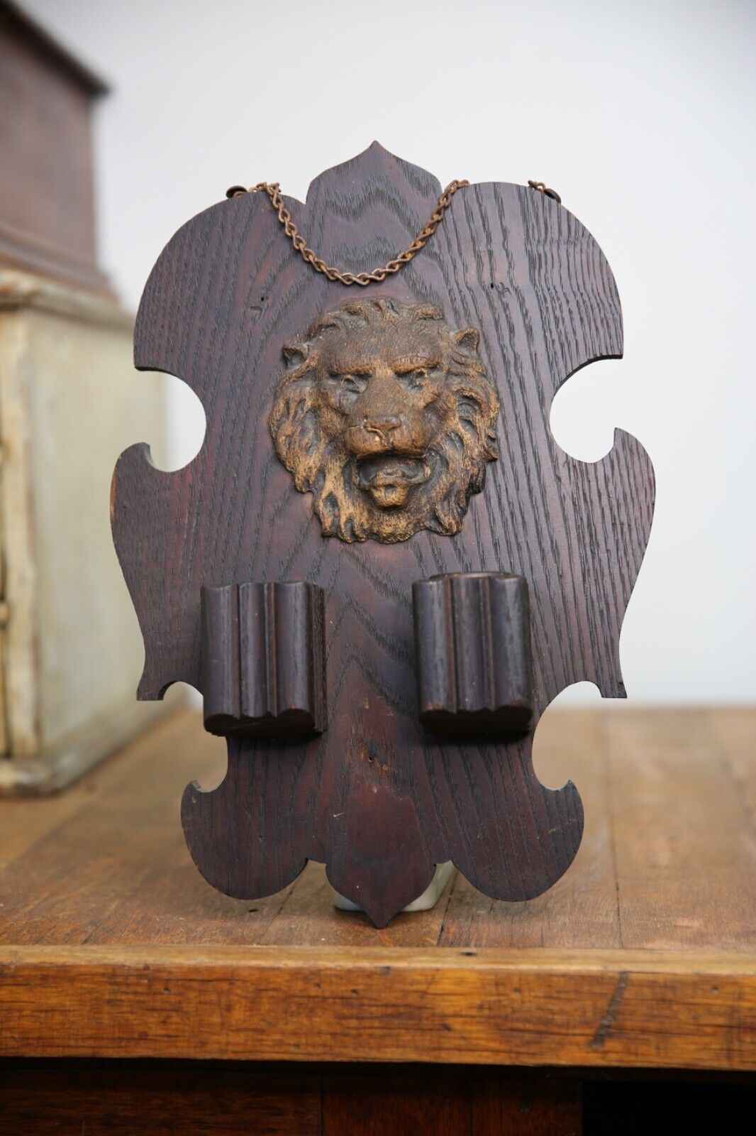 Antique Wood Lion Head Match Holder Fireplace Vintage Kitchen gothic plaque