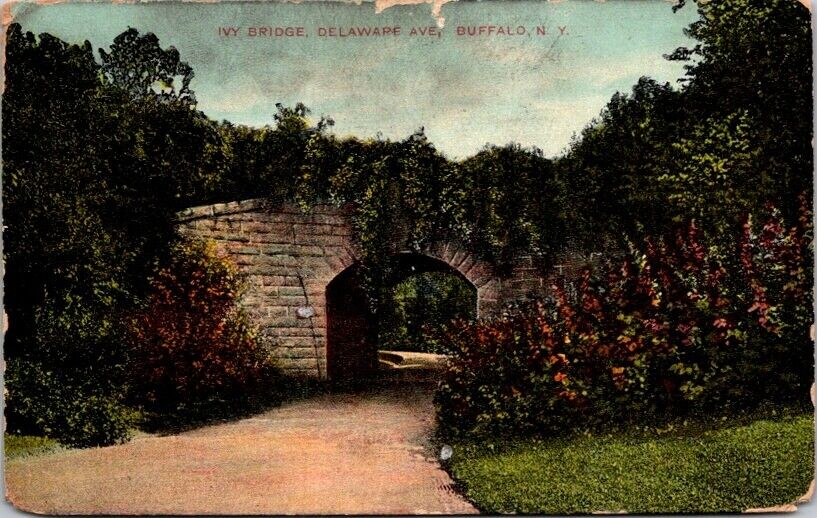 Postcard Stone Arched Ivy Bridge Delaware Avenue Buffalo New York 1909   8405