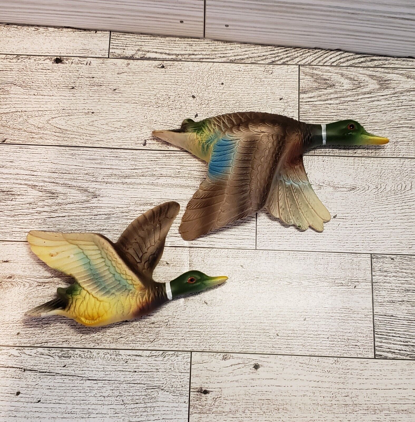 Two Vintage Chalkware Flying Mallard Ducks Set