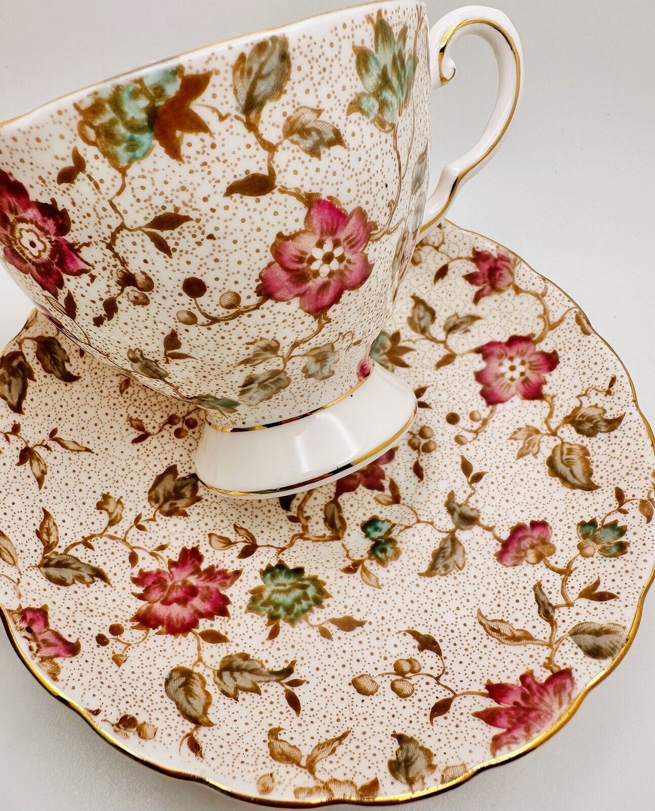 TUSCAN England Pink Turquoise Floral Chintz Cup & Saucer, Vintage Teacup