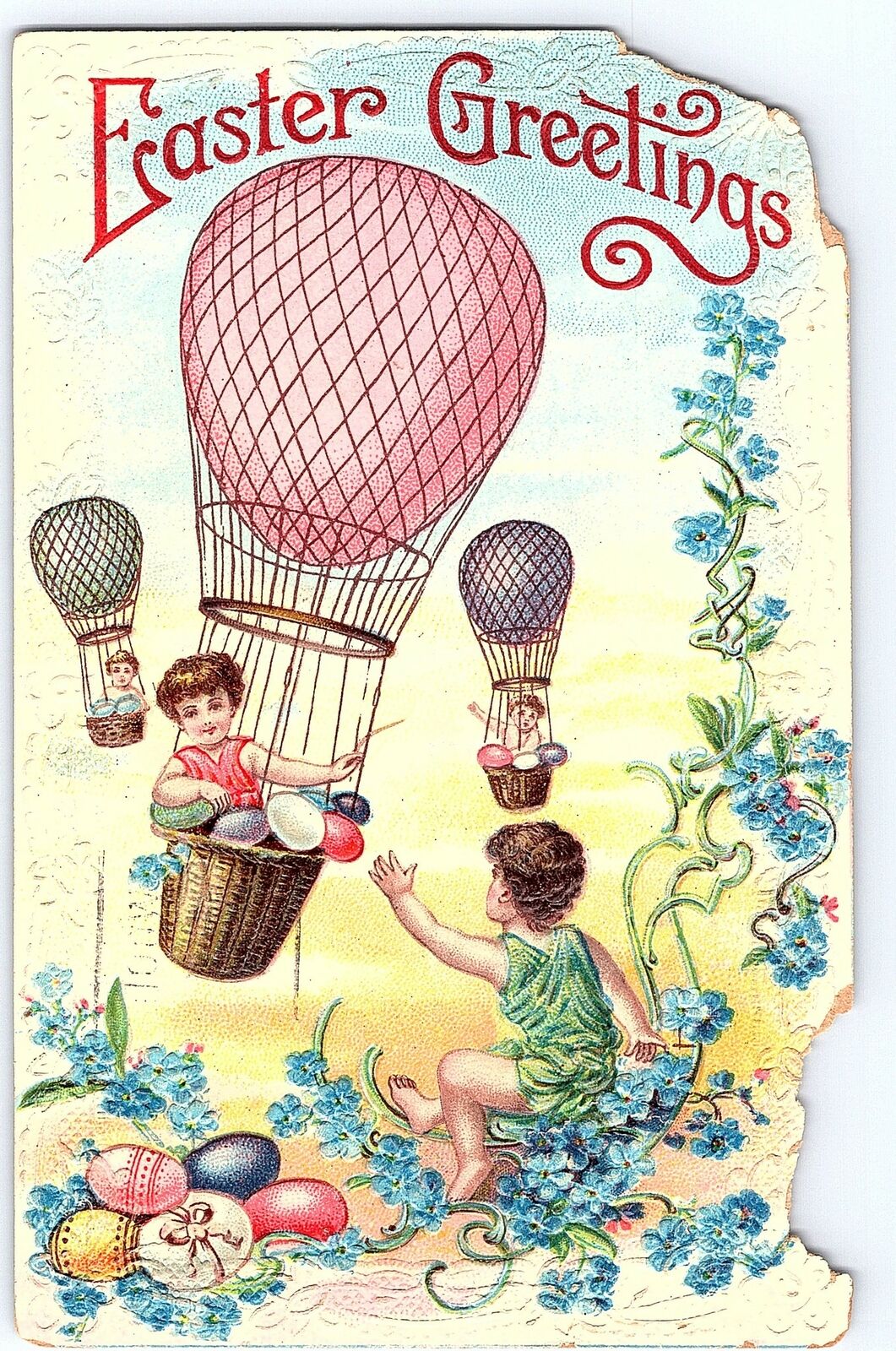 C1910 Easter Postcard Germany Hot Air Balloon Kids Eggs Embossed Post 1911 Dmg