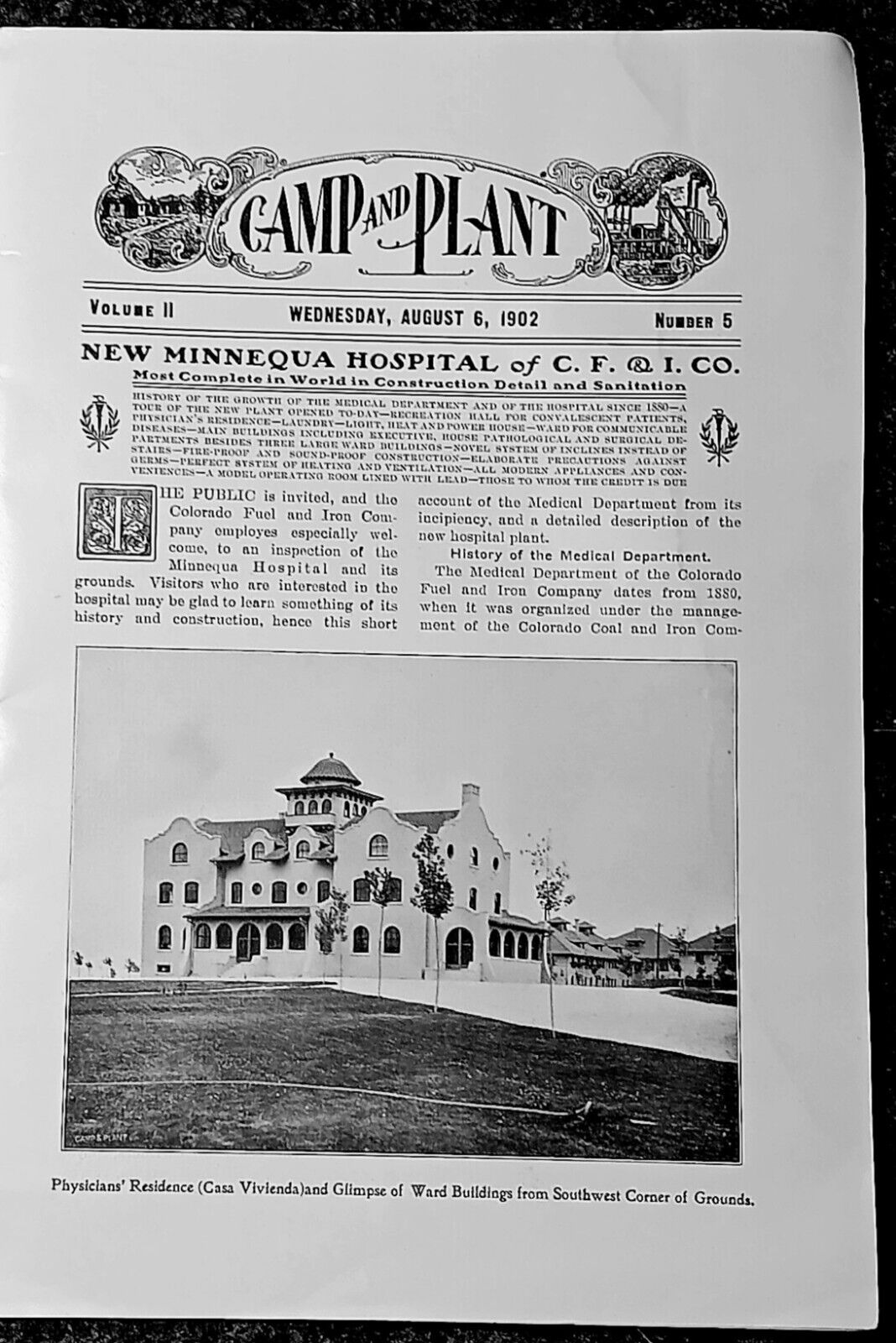 RARE CF&I Steel 1902 Minnequa Hospital Opening Day Souvenir Camp&Plant Magazine
